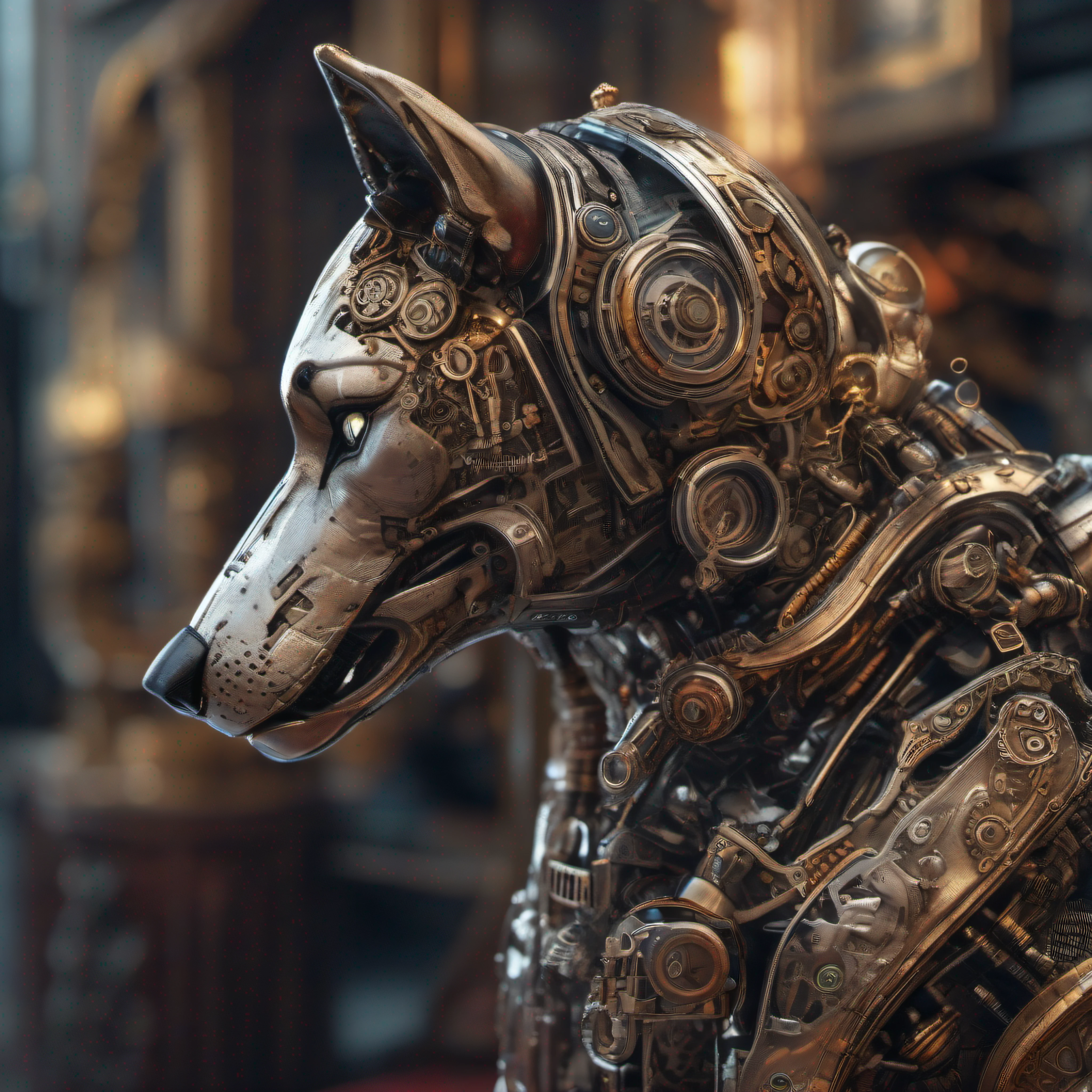 A cyborg wolf, robot, Style steampunk, ((Intricate details)), Hdr, (intricate high detail, super detailed)), Cinematic sequences, Vignette, Parfait (((visage magnifique))), highly detailed, complexe, f/2.8, 35mm, Canon, god rays, super detail, ccurate, high details, award winning, best quality, 16k