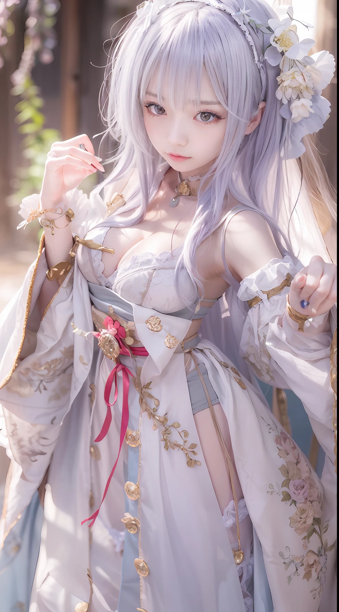 (masterpiece、Ultra-realistic、An ultra-high picture quality、超A high resolution、16k image、Super Photographic Images)、Re:Zero's Emilia Cosplay、A Japanese Lady、22year old、Super beautiful idol face、二重まぶた、Beautiful eyes、Super perfect proportions、Beautiful skin、beutiful breast、Toned waist、thin arm、Thin leg