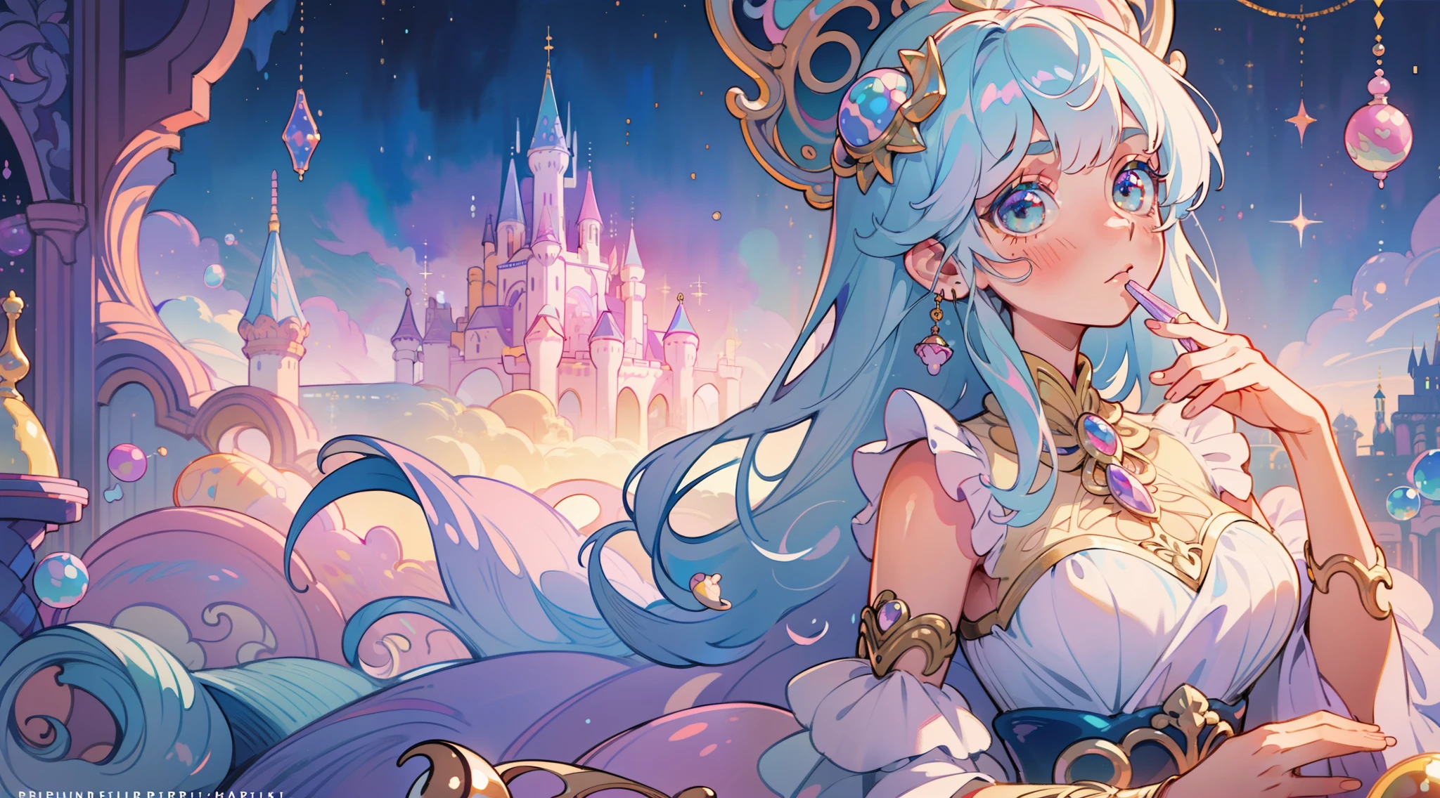 masterpiece, best quality, 8k resolution, sharp focus, intricate detail, beautiful girl, sparkling eyes, golden ratio face, otherworldly liquid, watercolor, ((pastel colors)), bright colors, whimsical, colorful, sharp focus, high resolution, fine detail, princess fantasy ballgown, ((round eyes)), iridescent bubbles, castle landscape in background