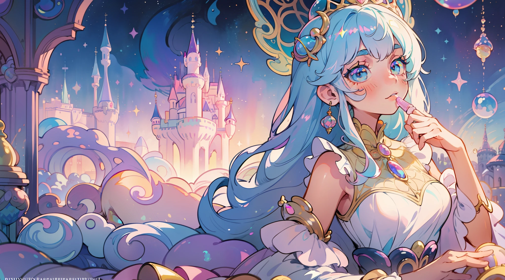 masterpiece, best quality, 8k resolution, sharp focus, intricate detail, beautiful girl, sparkling eyes, golden ratio face, otherworldly liquid, watercolor, ((pastel colors)), bright colors, whimsical, colorful, sharp focus, high resolution, fine detail, princess fantasy ballgown, ((round eyes)), iridescent bubbles, castle landscape in background
