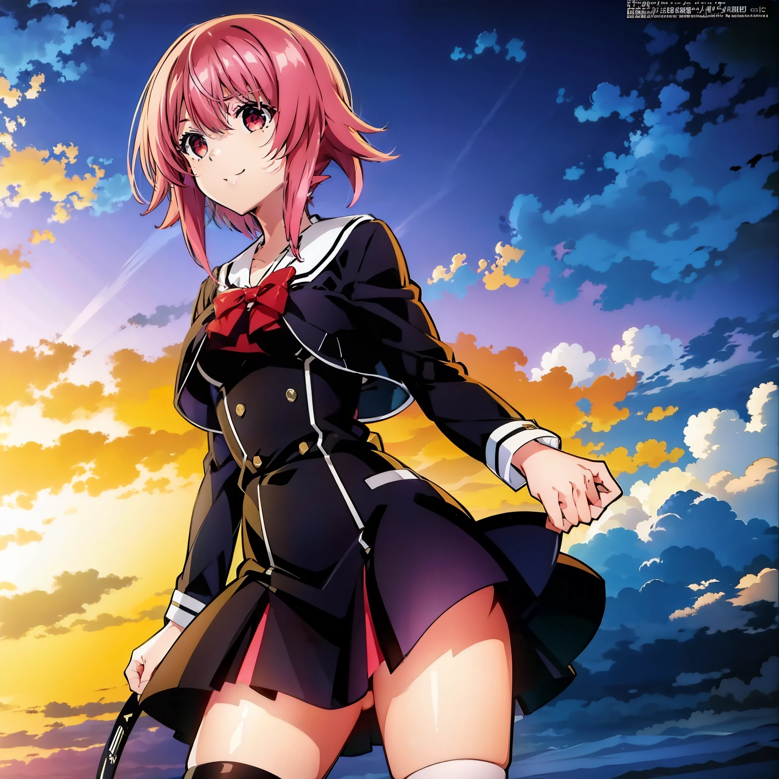 1girl,solo,OnoeSerikaDefault, skirt, black thighhighssmile,cowboy shot,outdoor,street