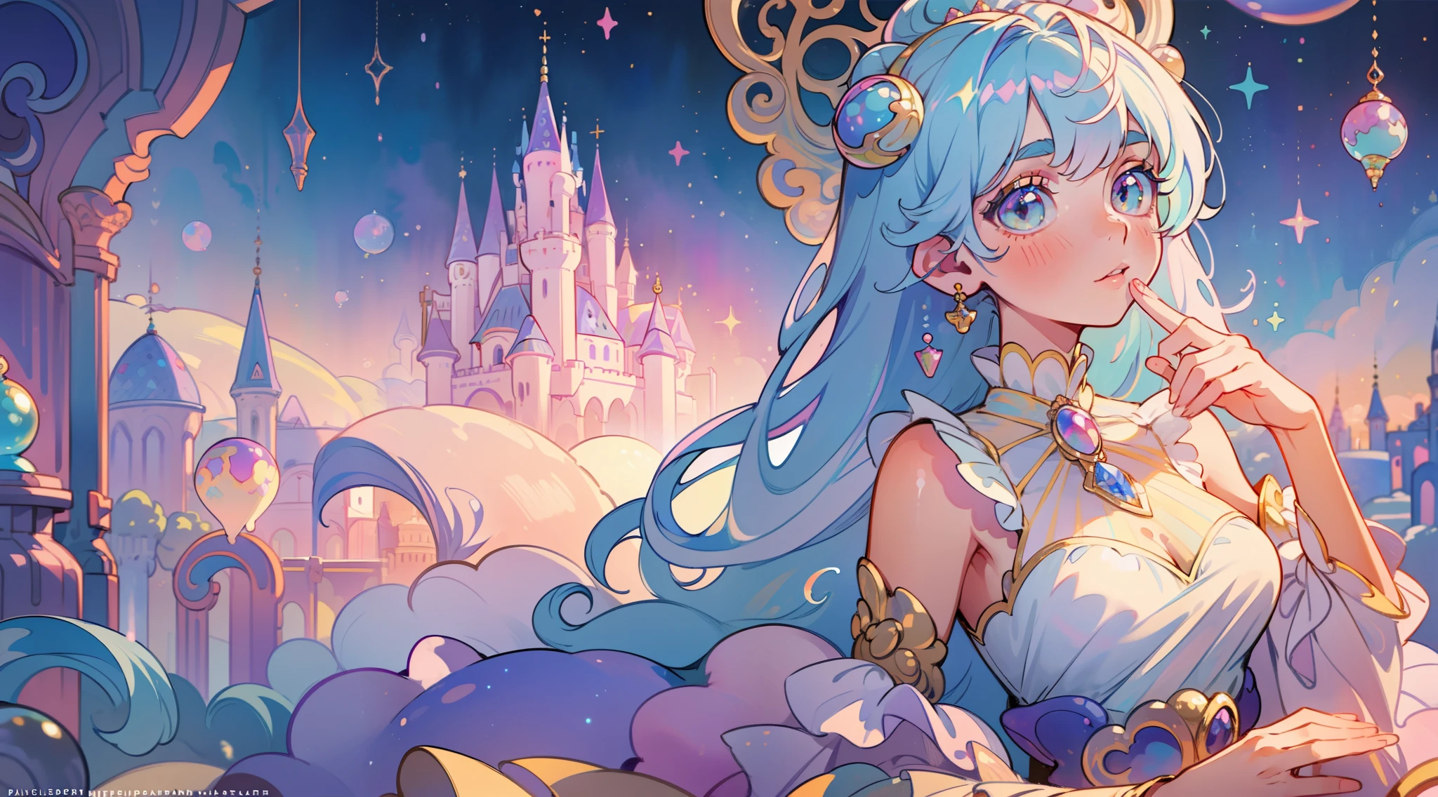 masterpiece, best quality, 8k resolution, sharp focus, intricate detail, beautiful girl, sparkling eyes, golden ratio face, otherworldly liquid, watercolor, ((pastel colors)), bright colors, whimsical, colorful, sharp focus, high resolution, fine detail, princess fantasy ballgown, ((round eyes)), iridescent bubbles, castle landscape in background