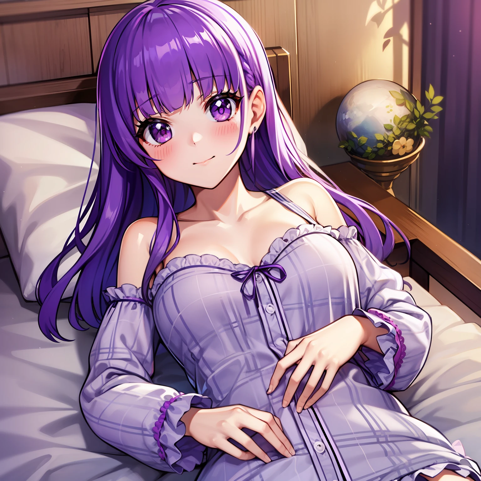 Sleepwear, 1 girl, 8k, High Quality, looking at viewer, medium bust, chest length hair, purple hair, blushing, embarrassed, Sleep on bed, sexy