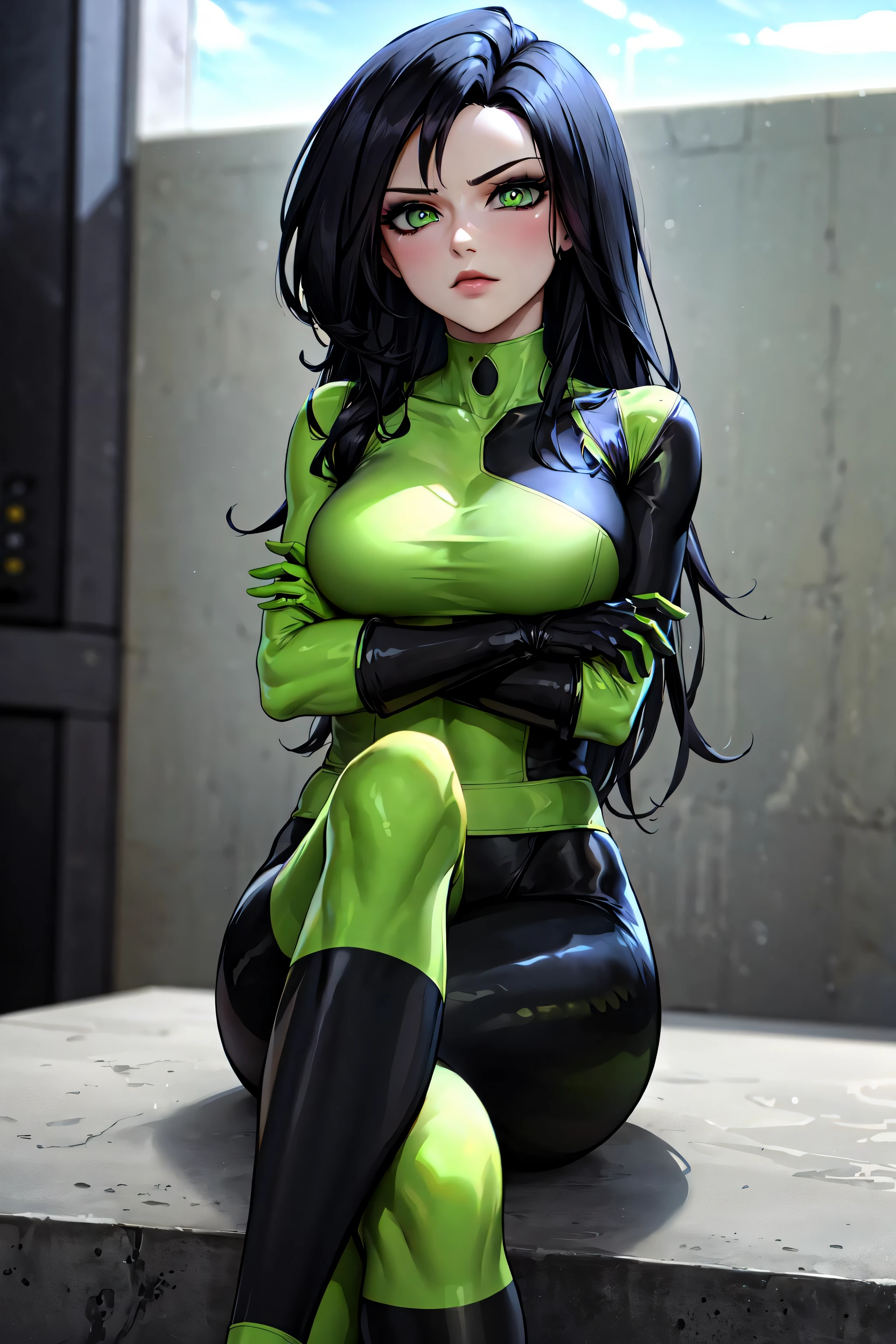 masterpiece, best quality, highres, sh1, green eyes, gloves, multicolored bodysuit, makeup, sitting, crossed legs, crossed arms,