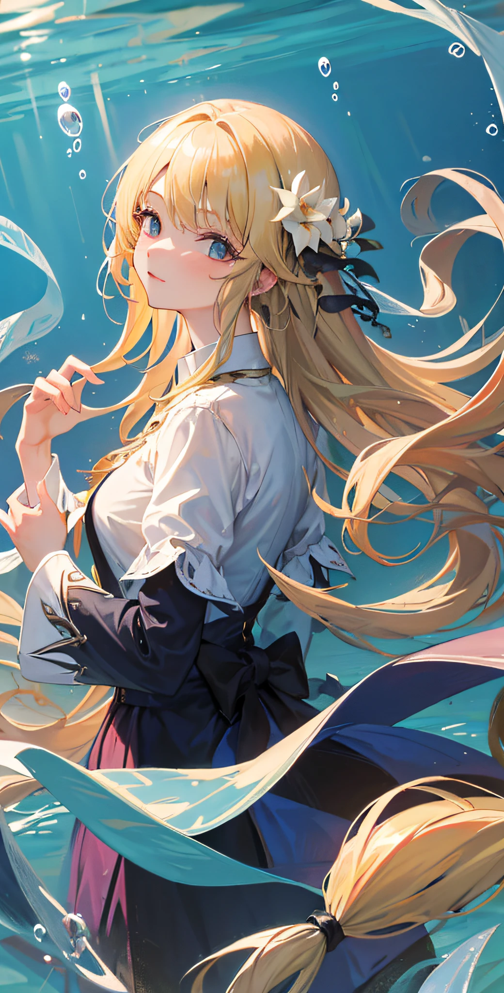 (absurdres, highres, ultra detailed), 1girl, solo, mature, (long blonde hair), fanasy, long sleeve, elegant, holy, colorful, highest detailed, underwater, floating hair, flower, looking back, upper body