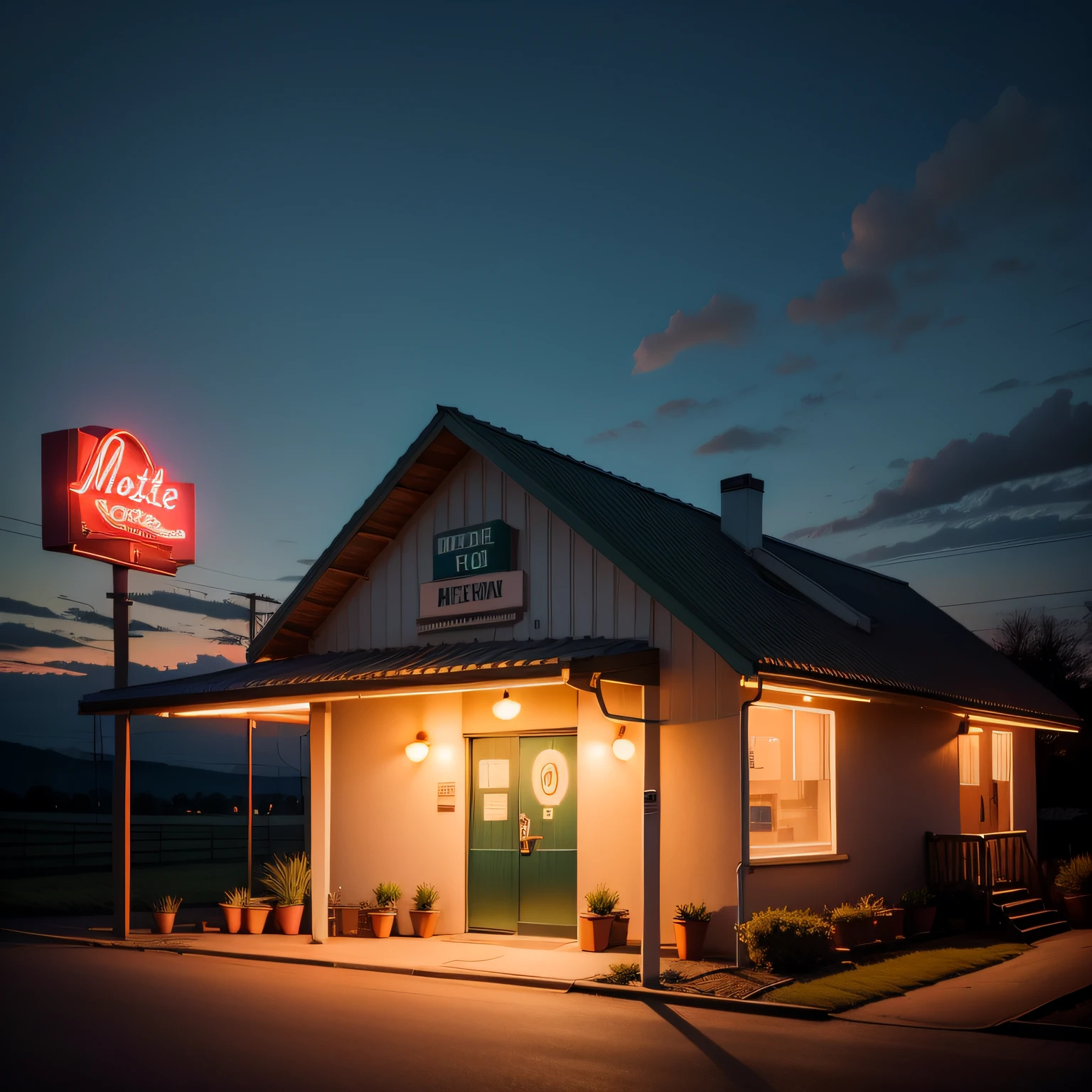 top-quality　landscapes　Motel exterior　Neon sign sign　countryside