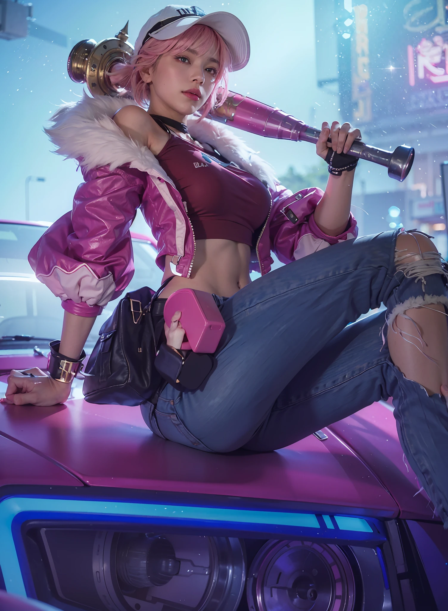 (female:1.2), 8k, ultra hd, ultra detailed texture, hyper realistic, masterpiece, detailed texture, detailed face, detailed skin, detailed lighting, (photorealistic:1.5), best quality, beautiful lighting, cinematic lighting, professional lighting, ultra highres, realistic, detailed hair, real hair, high quality, (realskin:1.5), extremely detailed, finely detail, ultra-detailed, 1girl, solo, sitting on top of the car, (chewing gum), (pink eyes:1.5), pink lips, parted lips, smile, white skin, nose, pretty, beautiful, make up, cute face, short hair, pink hair, side bangs, large breasts, armpit, navel, stomach, thigh, knee, bare shoulder, midriff, red crop top, pink jacket, open Jacket, fur trim, blue jeans, pink cap, holding baseball bat, bracelet thorns, fingerless gloves, crossed legs, pants torns, \(mobile legends\), depth of field, looking aways, skin tight, amazing pose, glowing, from below, blurry background