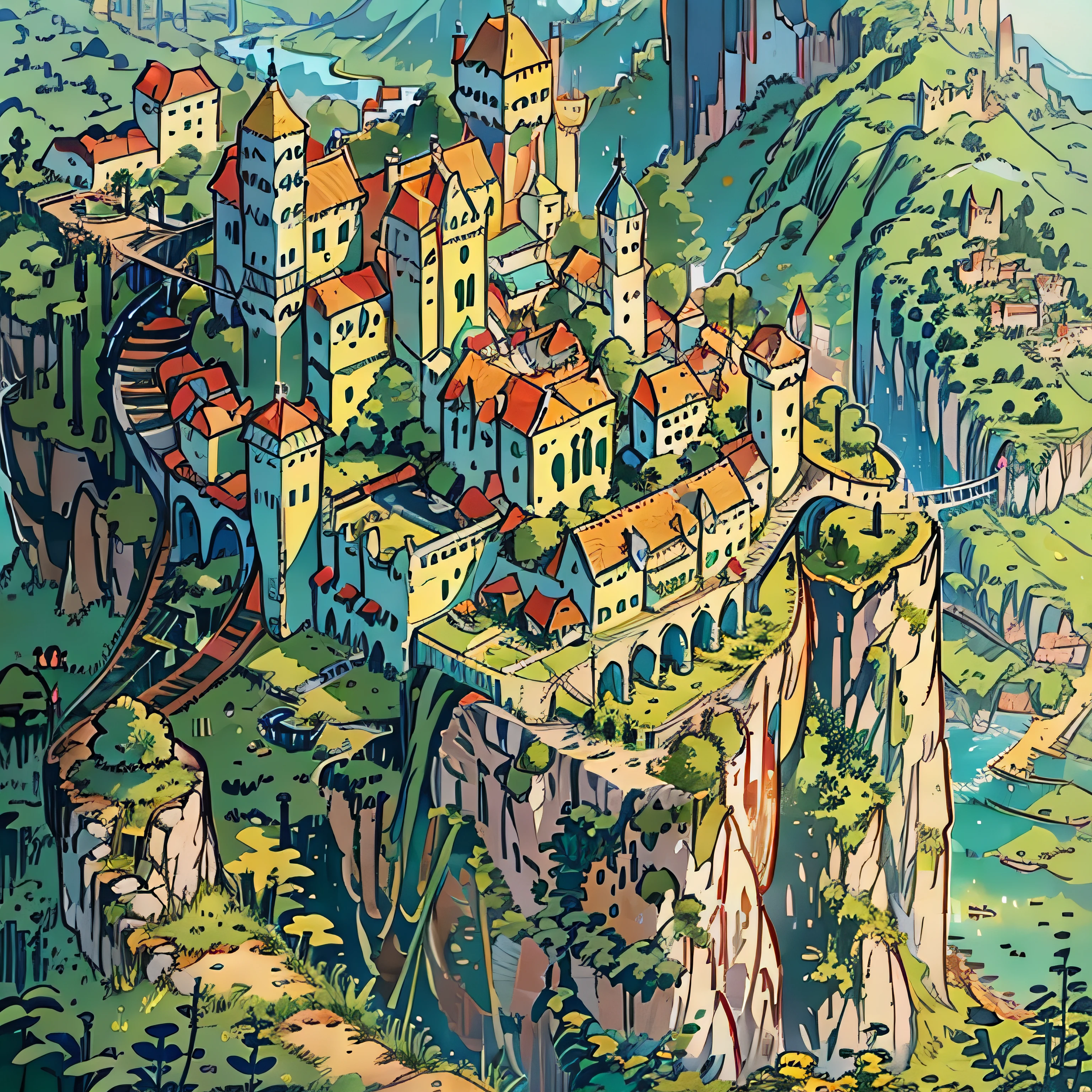 A grand castle, perched atop a mountain with lush green fields and a clear sky, offering a view of a seaside city below overlooking the ocean, all under a sunny day."