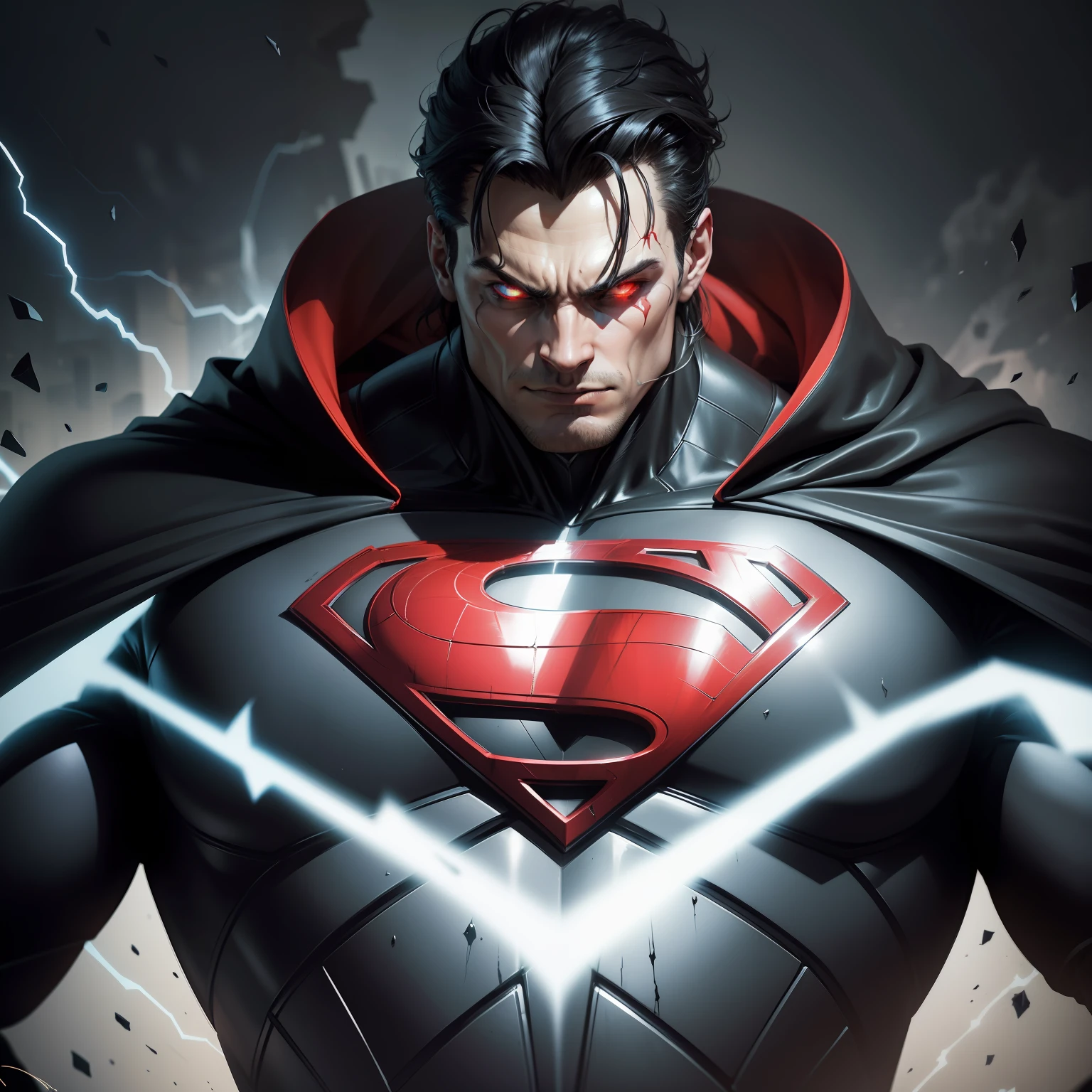 In this alternate universe, imagine Superman as a supervillain with a strikingly different suit that reflects his dark and menacing nature.
Gone are the iconic red, blue, and yellow colors of his traditional suit, replaced with a sinister and ominous palette. The suit is primarily black, with accents of deep crimson and dark metallic tones.
The iconic "S" symbol on his chest is now stylized with sharp, jagged edges, conveying a sense of danger and malevolence. The symbol seems to pulsate with power, signifying the dark energy that now fuels him.
The cape, once a symbol of hope and heroism, now appears tattered and torn, resembling dark, swirling shadows that trail behind him as he flies.
The suit features menacing spikes and sharp edges, evoking an aura of intimidation and fear. It exudes an otherworldly and ancient quality, hinting at the dark forces that now influence Superman's powers.
His once friendly and hopeful smile has transformed into a sinister grin, conveying a sense of delight in causing chaos and destruction.
This new suit symbolizes Superman's fall from grace, representing the corrupted and malevolent force he has become.
As a supervillain, he now seeks to dominate and rule over humanity, using his immense powers to instill fear and subjugate the innocent. The world once looked up to him as a beacon of hope, but now it trembles in fear at the mere mention of his name.
This alternate depiction of Superman as a supervillain with a different suit offers a visually captivating and evocative prompt for an AI artist to create chilling and striking visuals of the once beloved hero, now transformed into a menacing and terrifying antagonist. his suit now does not contain any blue but replaces it with black and other dark colors
