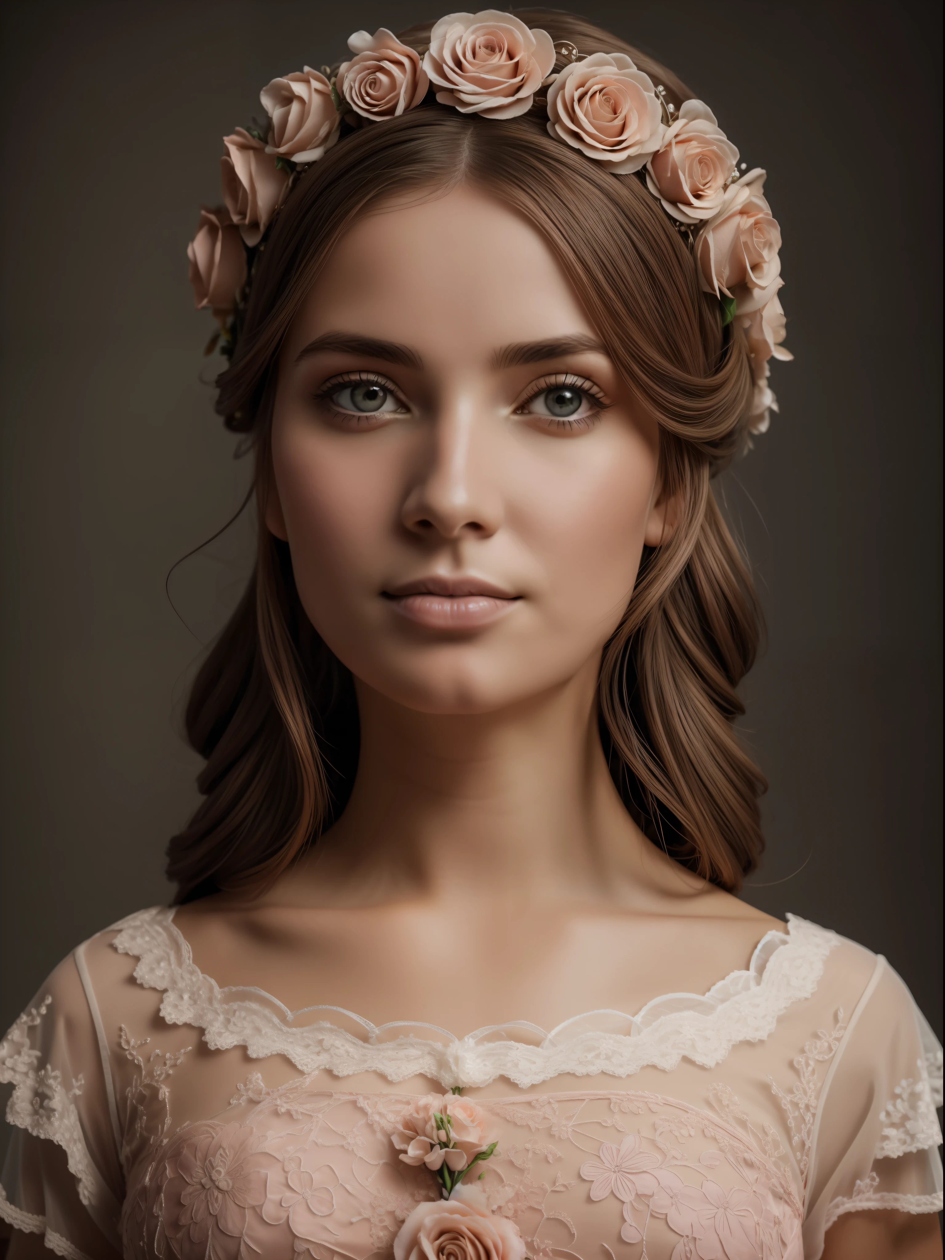 There is a woman, loira, tiara of flowers on the head hair stuck, classic Victorian style salmon colored clothing, foto em estudio, um ponto de luz iluminando a modelo, obra de arte, ultra realista, 4k, olhos azuis, meio corpo