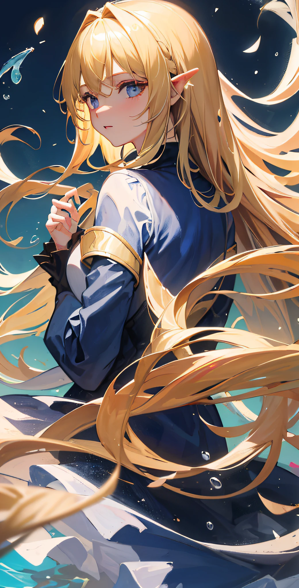 (absurdres, highres, ultra detailed), 1girl, solo, mature, (long blonde hair), fanasy, long sleeve, elegant, holy, colorful, highest detailed, underwater, floating hair, flower, looking back, upper body