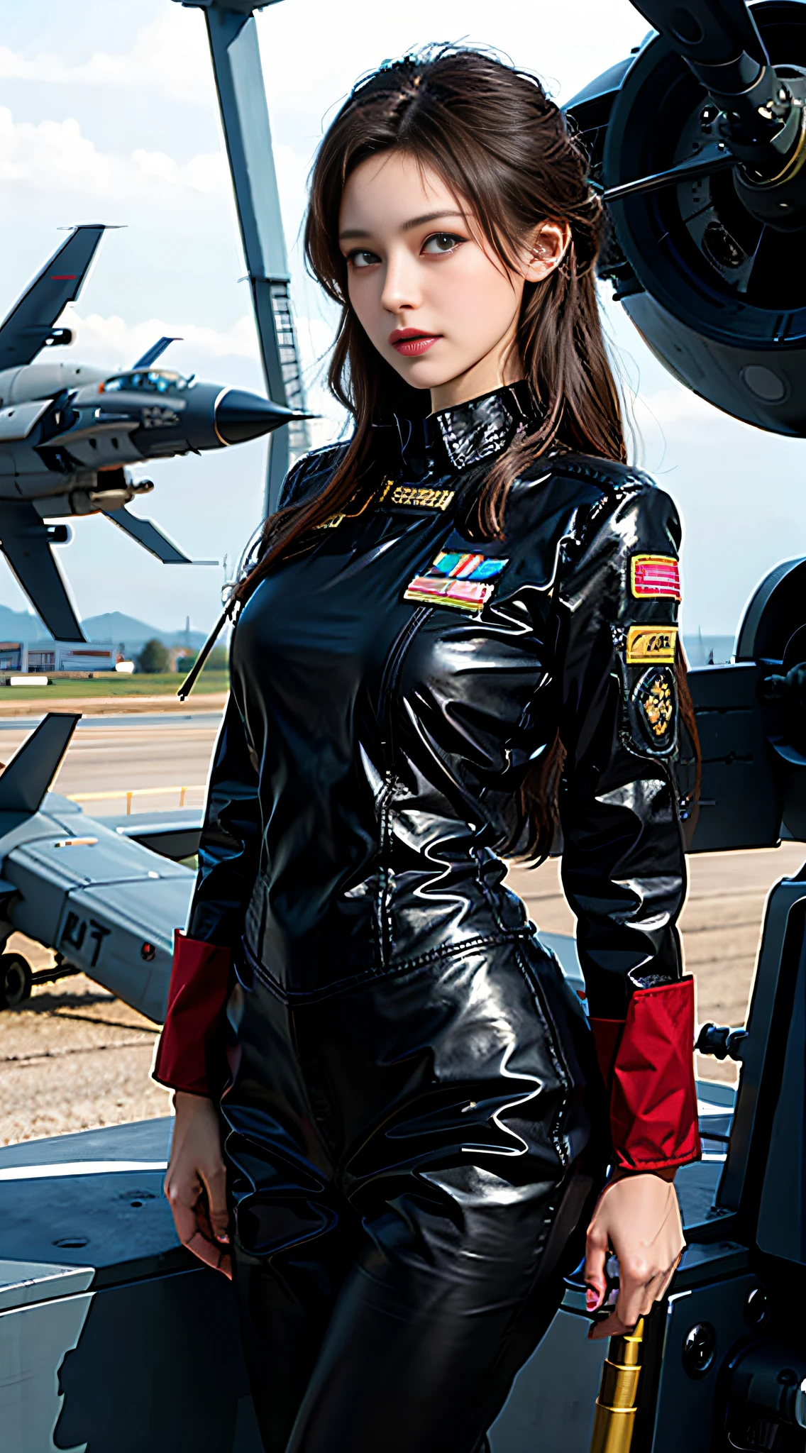 Arad woman standing in front of airplane in military uniform, inspired by portrait of Jill Elfgren, tumblr, fantastic realism, girl with warship parts, pilot costume, perfect military composure, in full military uniform, cute pilot girl, pilot girl, in military uniform, military girl, charming and seductive, 70s jet fighter pilot girl, korean female fashion model, good hips and long legs