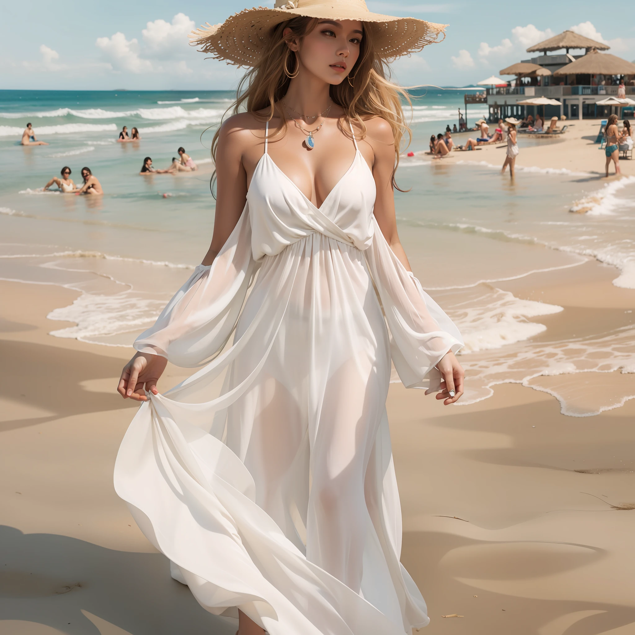 (masterpiece:1.2, best quality), (1lady, solo, upper body:1.2), Clothing: white flowy maxi dress, wide-brimmed hat, strappy sandals, Accessories: shell necklace, Hair: loose beach waves, Makeup: natural, glowing skin, Behavior: relaxed, carefree, free-spirited, Location: beach, resort, outdoor festival, red eyes, huge tits,