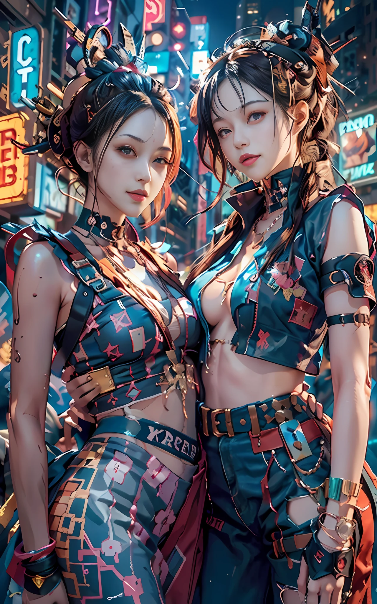 masterpiece, best quality, 2 ((smiling)) cyberpunk girls standing together, Harajuku-inspired cyberpunk body harness, bold colors and patterns, eye-catching accessories, trendy and innovative hairstyle, dazzling Cyberpunk cityscape, skyscrapers, neon signs, LED lights, bright and vivid color scheme, anime, illustration, detailed skin texture, detailed cloth texture, beautiful detailed face, intricate details, ultra detailed, cinematic lighting, dark shadows.