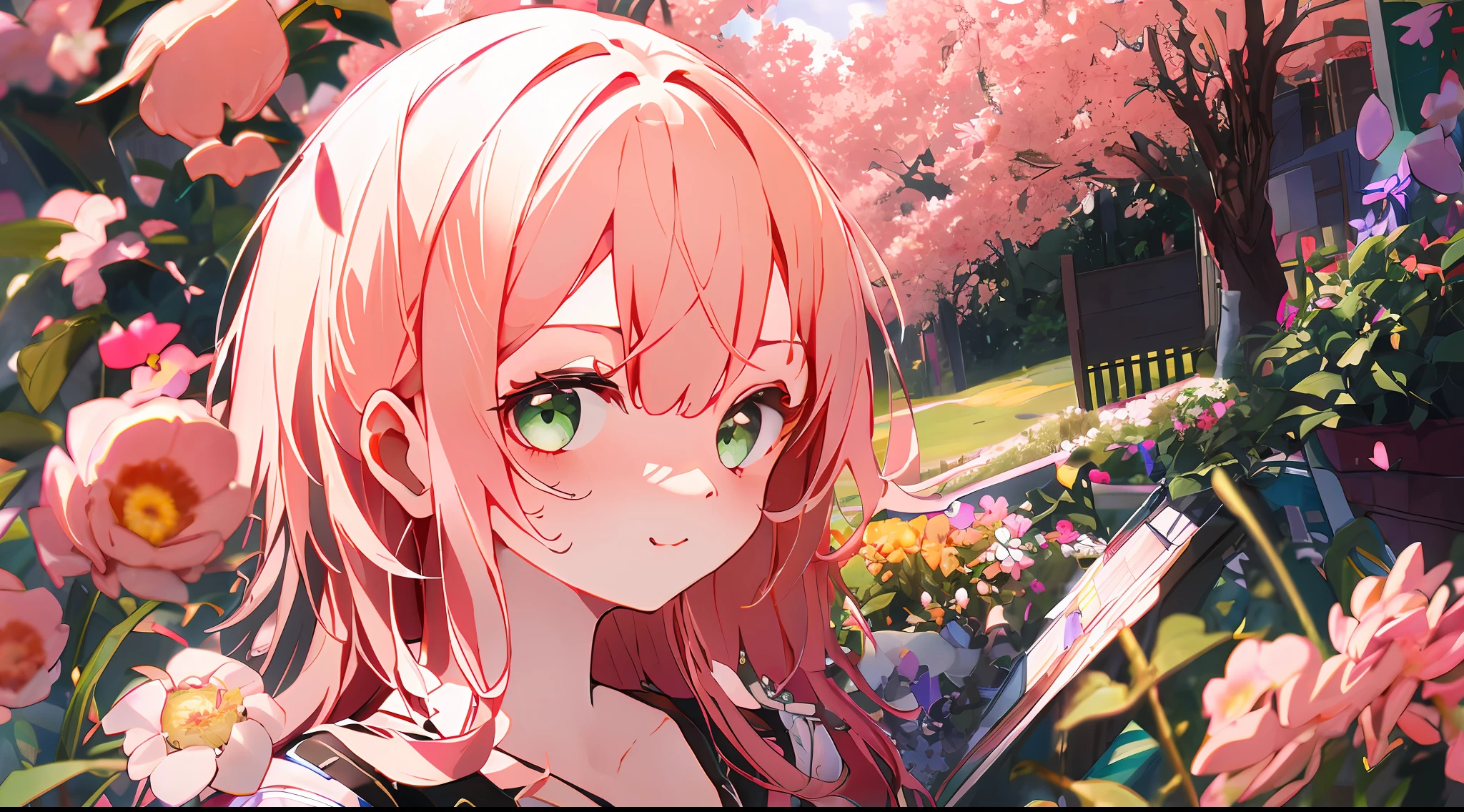 (absurdres, highres, ultra detailed), 1girl, mature female, wavy blonde hair, long hair, blunt bangs, green eyes, pink dress, finely detailed eyes and detailed face, extremely detailed CG unity 8k wallpaper, intricate details, BREAK , kaleidoscopic imagery, symmetrical patterns, vibrant colors, geometric shapes, mesmerizing designs, optical illusions, dynamic composition BREAK , pantomime art, expressive body language, silent storytelling, evocative gestures, visual narratives, theatrical performances BREAK , blooming flowers, colorful petals, fragrant scents, nature's bounty, vibrant gardens, peaceful scenery