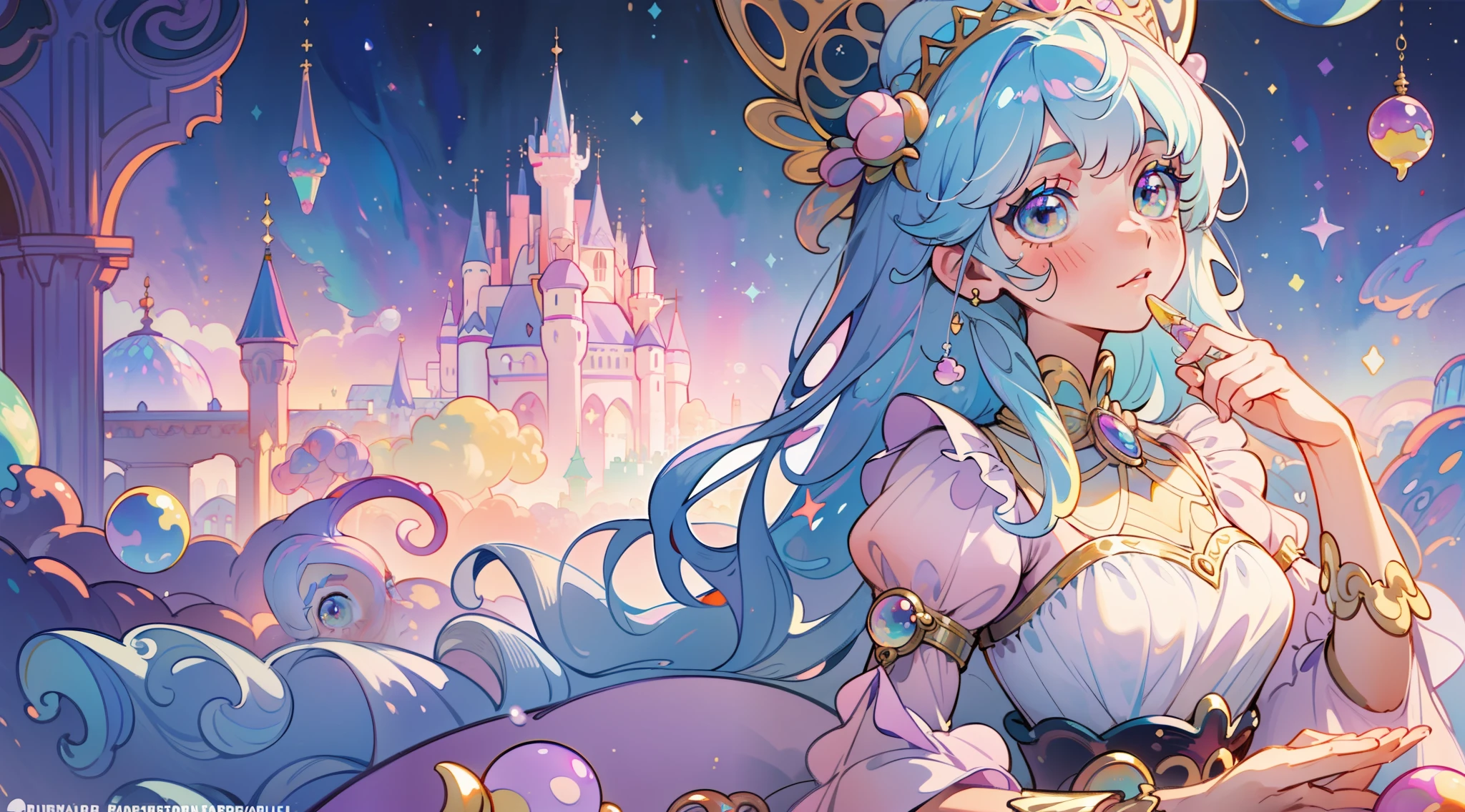 masterpiece, best quality, 8k resolution, sharp focus, intricate detail, beautiful girl, sparkling eyes, golden ratio face, otherworldly liquid, watercolor, ((pastel colors)), bright colors, whimsical, colorful, sharp focus, high resolution, fine detail, princess fantasy ballgown, ((round eyes)), iridescent bubbles, castle landscape in background