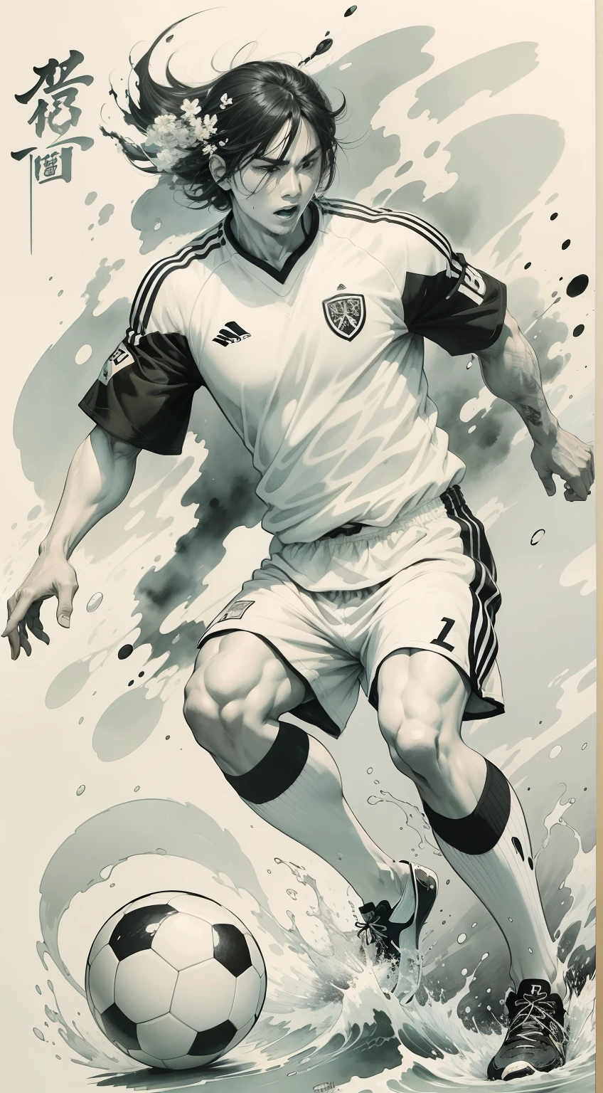 ukiyoe painting、soccerplayer、ink and watercolor painting、exercise、black-and-white、flowingwater、Energetic players