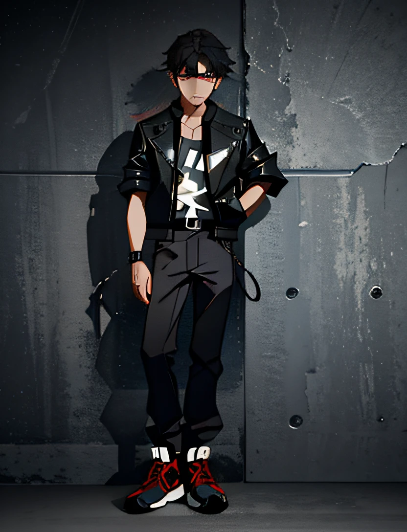 ciberpunk, 1male, youth, dark colored hair, gray eyes, gaze at the viewer, leather jacket, sneakers, t-shirt facial expression, Beautiful detail, great quality, Face detailing, A detailed eye