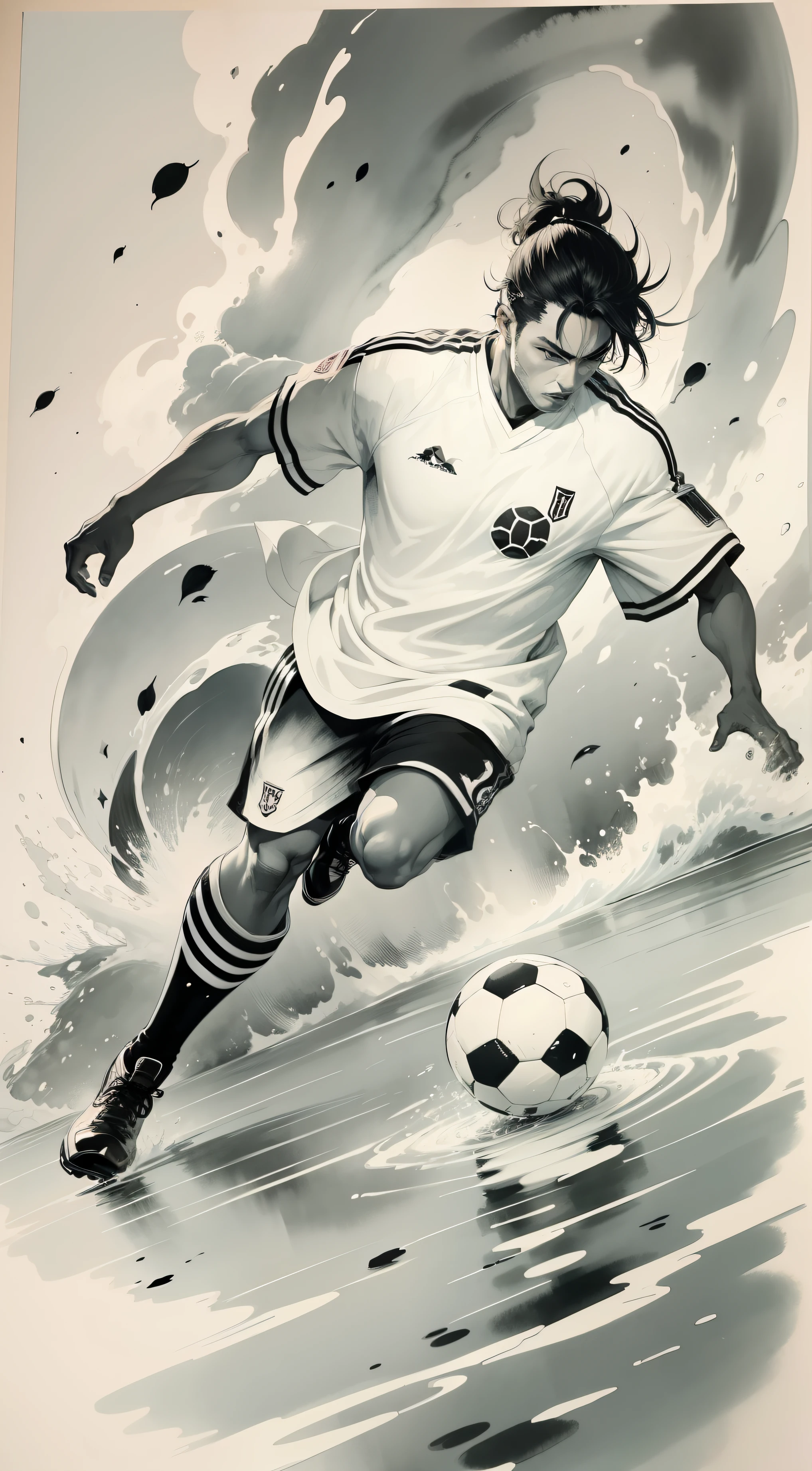 ukiyoe painting、soccerplayer、ink and watercolor painting、exercise、black-and-white、flowingwater、Energetic players