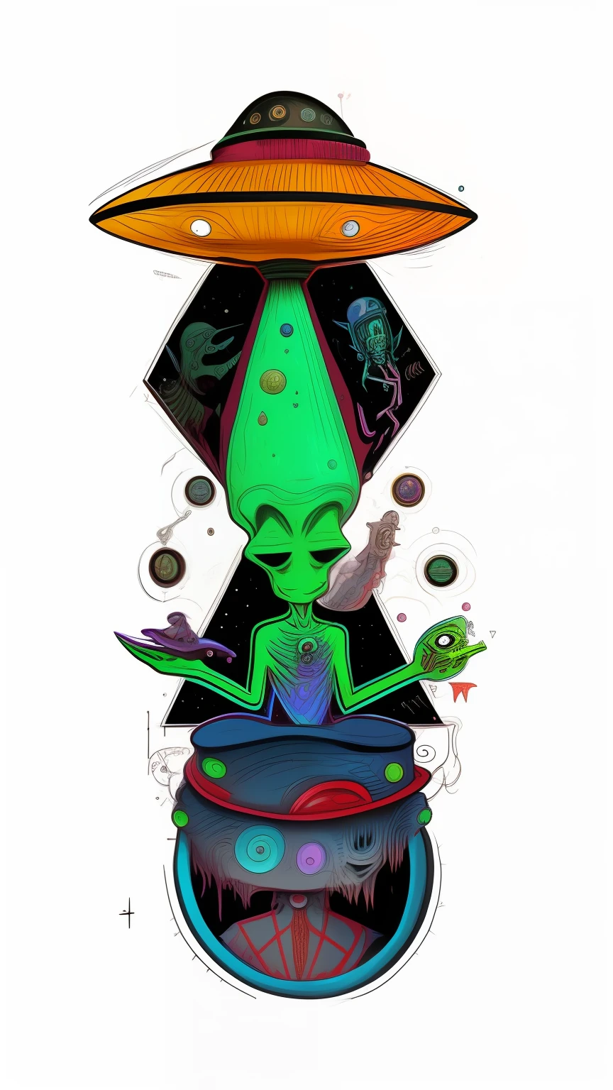 a drawing of an alien with a spaceship and a man in a hat, Design de tatuagem LSD, psychedelic illustration, alien art, dmt space behind, Space alien, extraterrestrial paradise, Arte Trippy, alien vibes, galactic dmt entity, Arte DMT, alien art, alien design, psychedelic cosmic horror, DMT!!!!!!!!, Trippy!!! symbolic