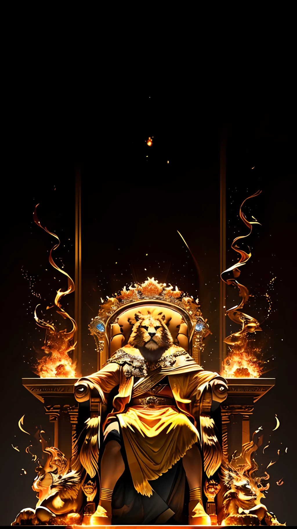 An royale King Lion full boby, background galaxy, magic 3D, full resolution style RTX with flaming eyes sitting on a throne, captured through Photography with a 35mm lens. Inspired by the artistry of National Geographic photographers, the scene portrays the majestic lion, regal and powerful. The color temperature is warm, with golden hues highlighting the lion's magnificence. The lion's eyes burn with intense flames, emanating a sense of authority and dominance. The lighting casts dramatic shadows, creating a captivating atmosphere, symmetrical, full boby, big angle, rtx, bobybuilder
