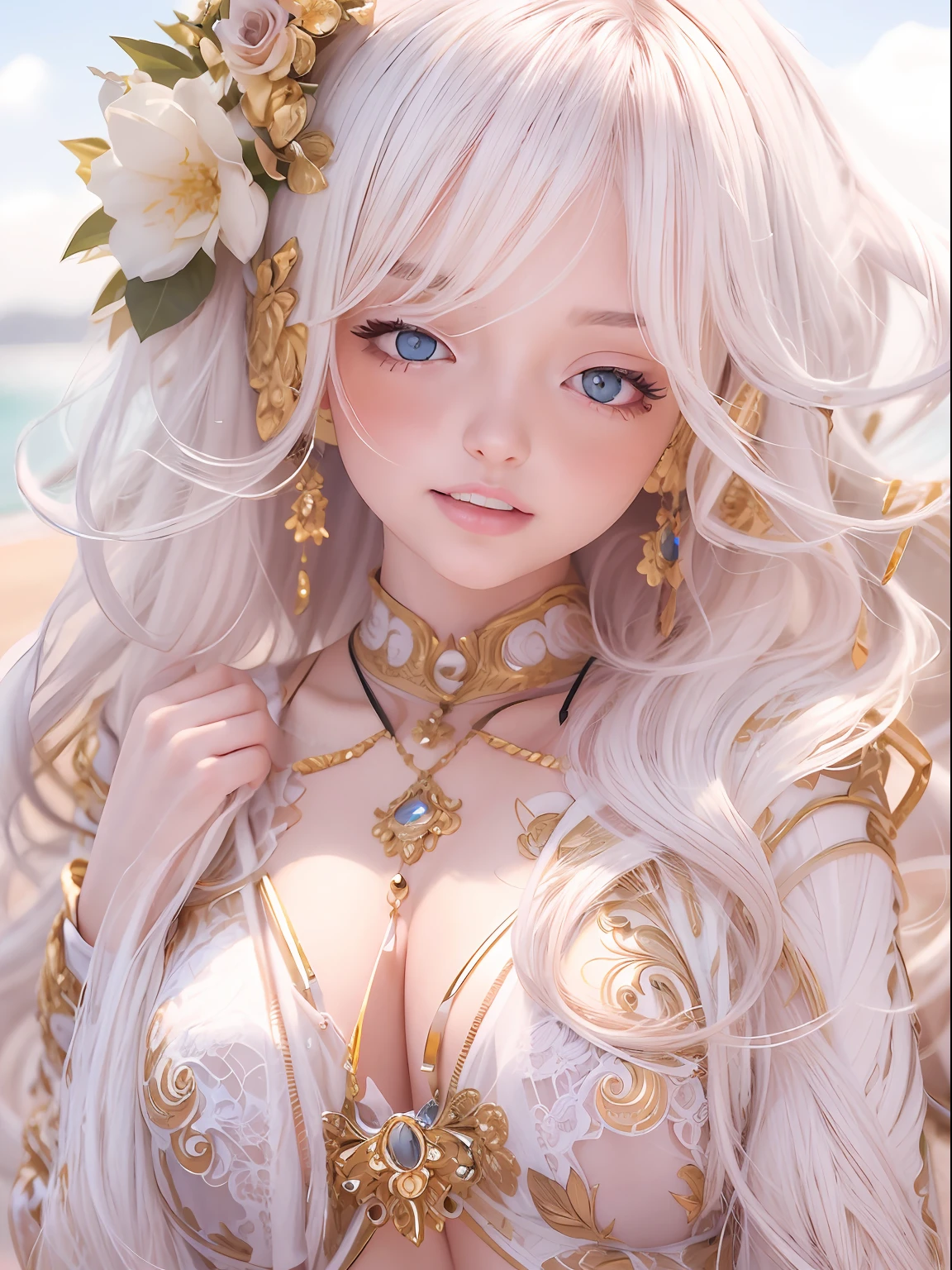 NSFW, masutepiece, detailed illustration, of the highest quality, Exquisite, Beautiful hottie albino girl, full-body view, fullnude, exposed, Sunny Beach, Gentle smile, High quality, 8K, Elaborate, unreal enginee 5, ornate, super detailed, Edge lighting, Highly detailed, Fine detail