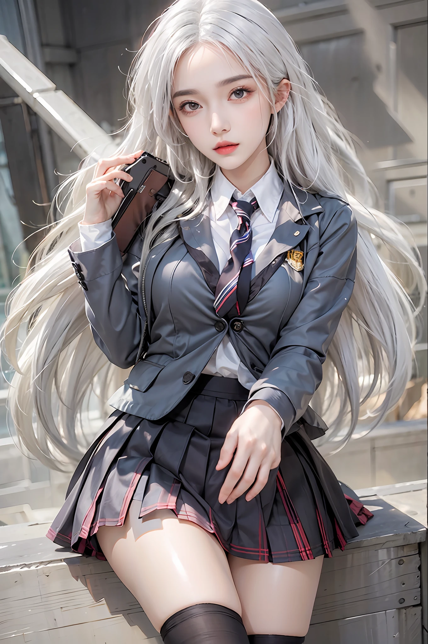 photorealistic, high resolution, 1 women, solo, hips up, look at viewer, (detailed face), white hair, long hair, school uniform, skirt