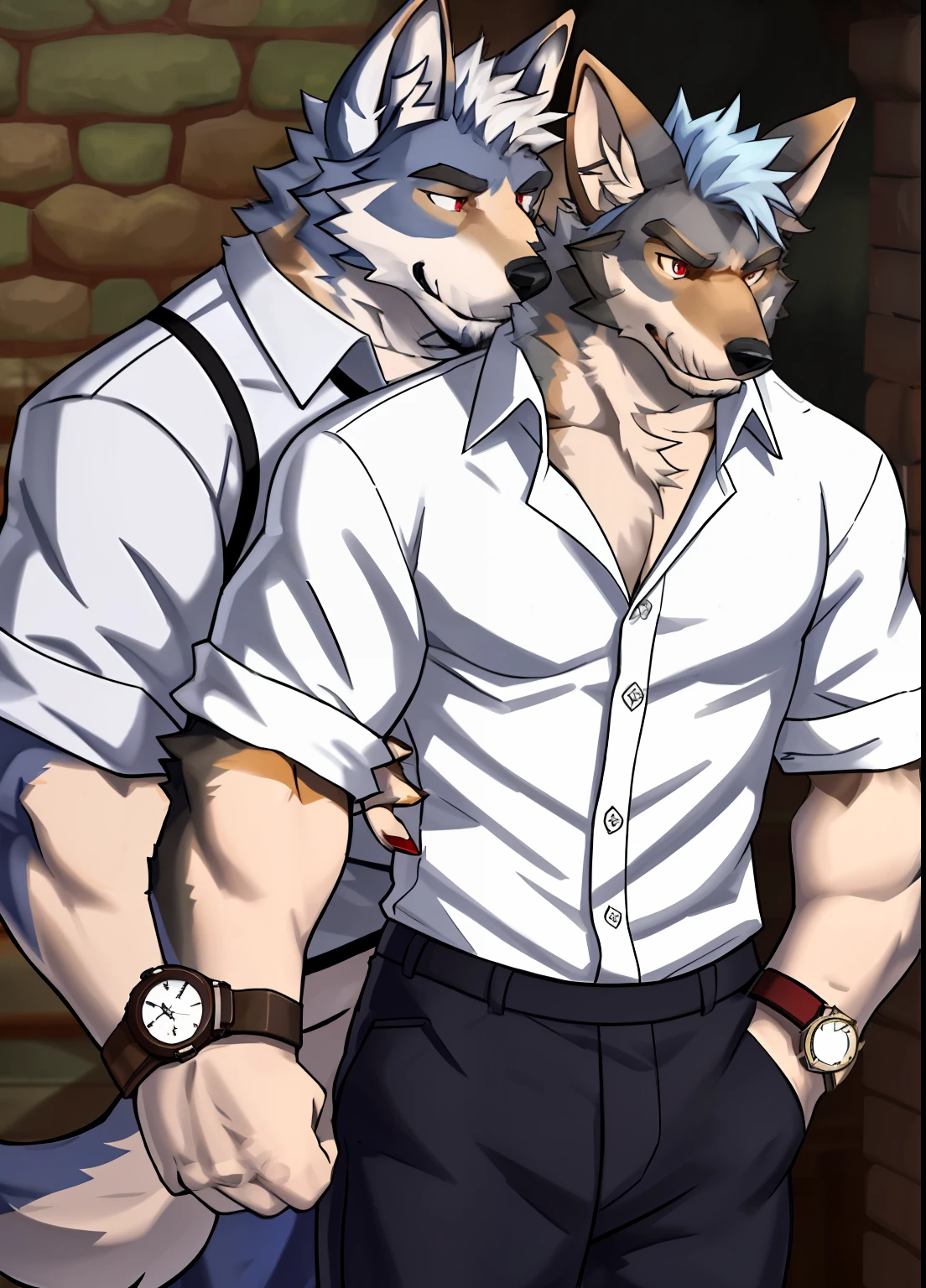 William Adler， 独奏， The shirt， 1boy， white  shirt， The upper part of the body， malefocus， collared shir， trouser， Look to the side， Harnes， chest muscle，Dark blue fur，White hair and red eyes， Black collar，Sleeves rolled up， Wrist watch， Wrist watch， Wolf ears，