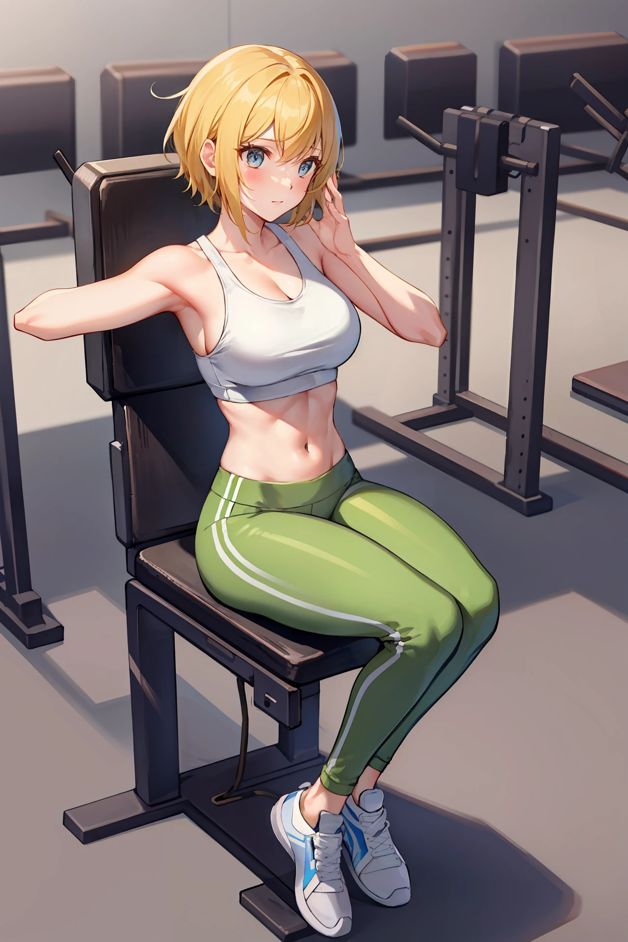 one-girl,Delicate facial features,Short yellow hair,Blue yoga pants,White top,Full body photo,Sit in a chair on the fitness equipment,The background of the gym is realistic,8k, of a real,