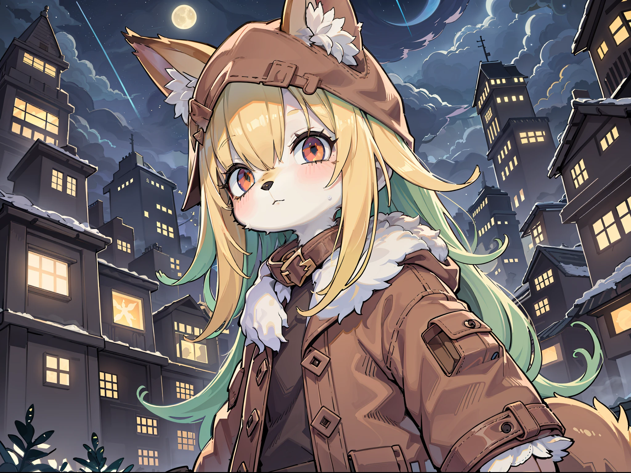 Shota the fox，hairy pubic，shaggy，Skin fur，Golden fur，Golden yellow face fur,Short straight blonde hair，Eyes have light，Red eyes，Brown elements on fur，Brown coat brown hood up，Star pattern white top，brown shorts，Beautiful lights and shadows，Ambient light，Ultra-fine fur，volumettic light,natural  lightting，Fluffy tail，Dilapidated building，Plant elements in ruins，lichen，There is no other life，Night，starrysky，Vast landscape，crossed bangs, Hairline, Shiny hair, lone nape hair, ，Dilated pupils，Sleepy，（moon full：1.2），（meteors：0.9），（Starcloud：1.3）（Warm light source：1.2），Rained，wetclothes, (overcast sky, Standing downpour:1.1), Extra-long sleeves， Purple and orange，Complicated details，Volumetriclighting，Realist breakthrough（tmasterpiece：1.2）（best qualtiy），4K，Ultra-delicate，（Dynamic configuration：1.4），Highly detailed and colorful details，（Irridescent color ：1.2），（luminouslighting，Atmospheric lighting），dream magical，magic，（独奏：1.2）Glowing light,Empty eyes