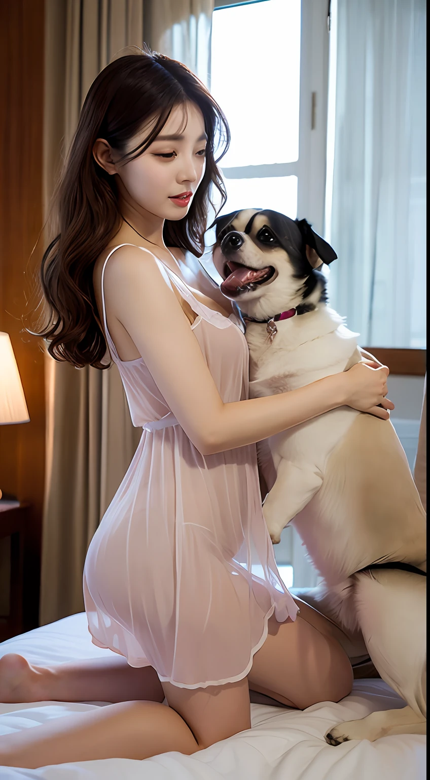 Pet dogs mating on the body of transparent nightdress beauty