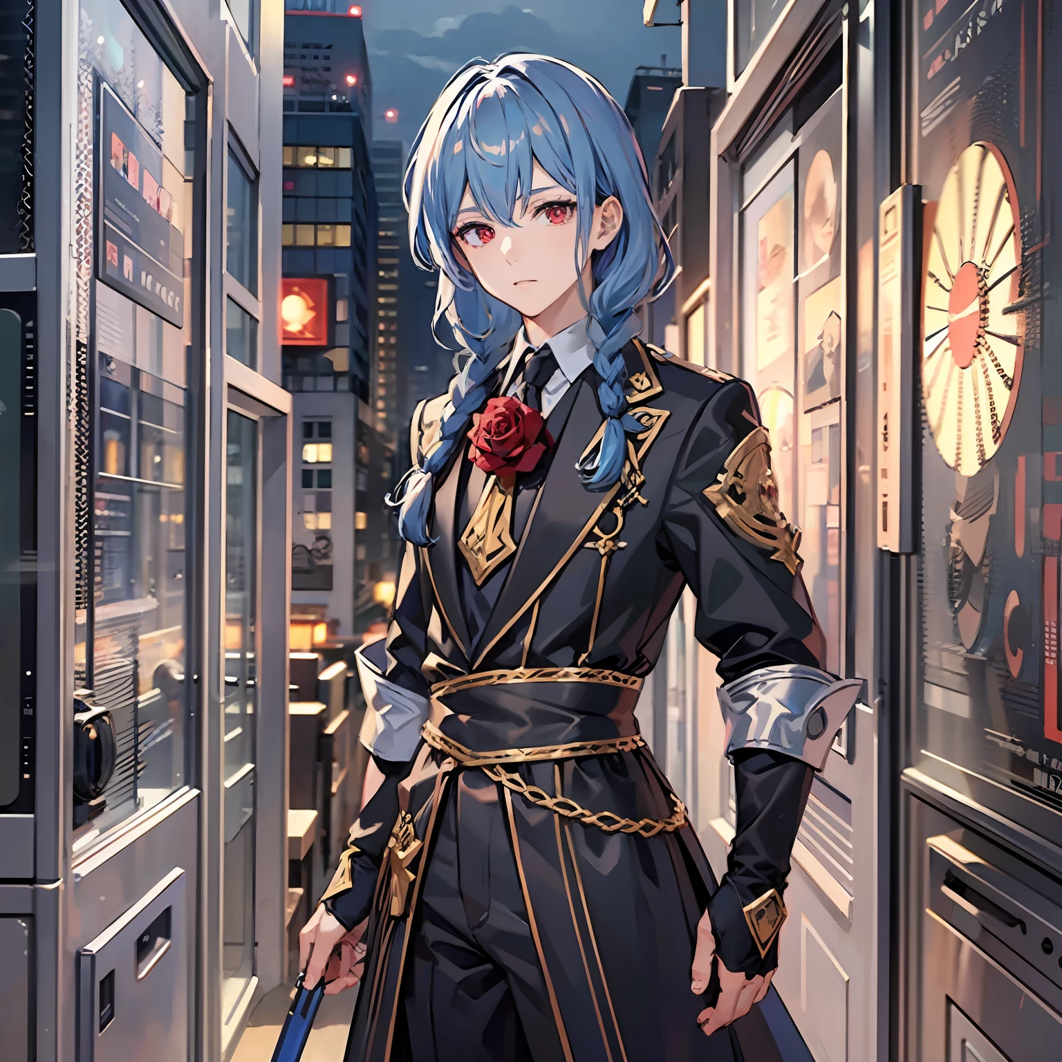 masterpiece, top quality, ultra high resolution, max resolution, highly detailed, anime, boy, rose red eyes, blue hair, braids, mage costume, 175cm, cool face , main image