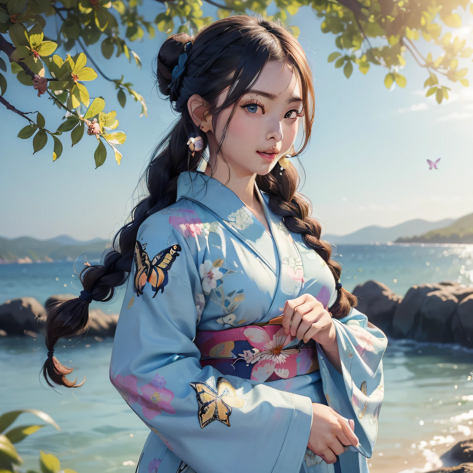 1girl with, ((masterpiece、top-quality、ultra-definition、hight resolution))、4K picture quality、((Beautuful Women))、22year old、wetted skin、radiant eyes、perfect eyes、(Beautiful Nordic sisters)、the beach,Background crowd、((Curly hair in braids、Bun1))、((facial close-up))、(((Wearing a bell sleeve yukata)))、((Yukata patterns range from fancy floral patterns to swallowtail butterflies..))、((Use primary colors for yukata colors))、((Wearing a fan))、Thin laughter with mouth closed、Looking at this、masterpiece、top-quality、ultra-definition、hight resolution))、4K picture quality、