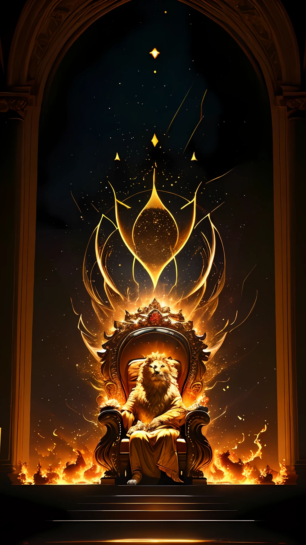 An royale King Lion full boby, background galaxy, magic 3D, full resolution style RTX with flaming eyes sitting on a throne, captured through Photography with a 35mm lens. Inspired by the artistry of National Geographic photographers, the scene portrays the majestic lion, regal and powerful. The color temperature is warm, with golden hues highlighting the lion's magnificence. The lion's eyes burn with intense flames, emanating a sense of authority and dominance. The lighting casts dramatic shadows, creating a captivating atmosphere, symmetrical, full boby, big angle, rtx, bobybuilder
