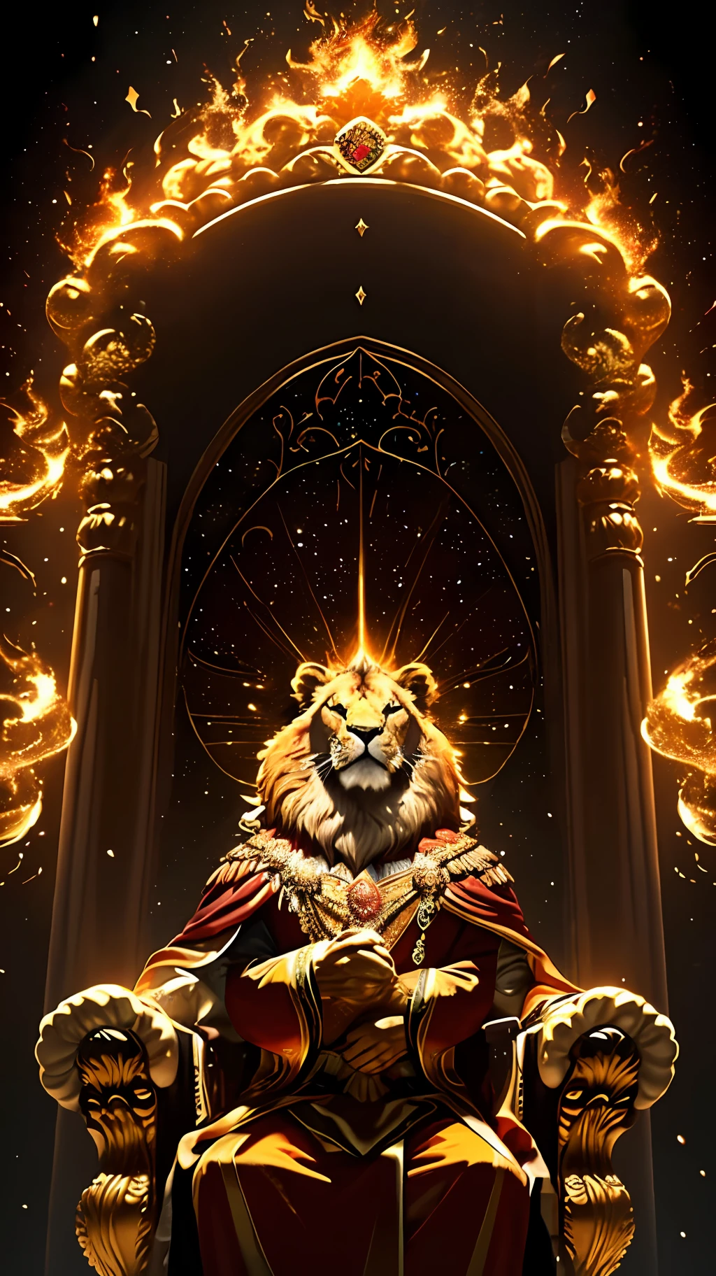 An royale King Lion full boby, background galaxy, magic 3D, full resolution style RTX with flaming eyes sitting on a throne, captured through Photography with a 35mm lens. Inspired by the artistry of National Geographic photographers, the scene portrays the majestic lion, regal and powerful. The color temperature is warm, with golden hues highlighting the lion's magnificence. The lion's eyes burn with intense flames, emanating a sense of authority and dominance. The lighting casts dramatic shadows, creating a captivating atmosphere, symmetrical, full boby, big angle, rtx, bobybuilder