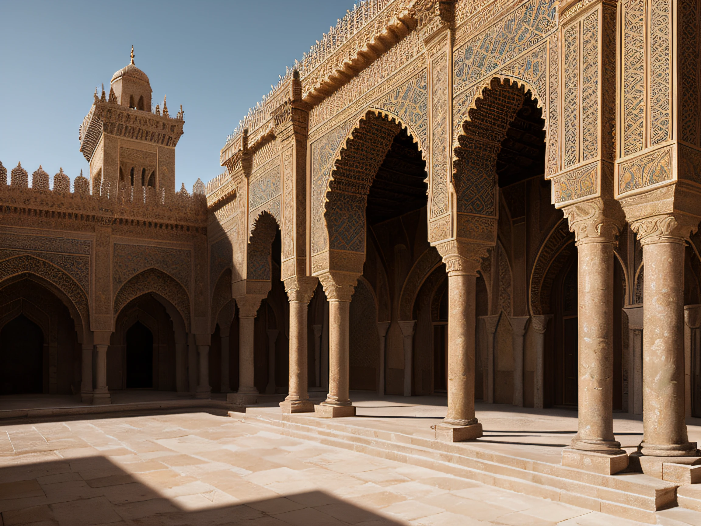 close up shot of a medieval fantasy north african traditional royal palace, exterior, rich, elegant, complex structure, elaborate decorations, (backlighting), granite, realistic, masterpiece, highest quality, lens flare, shade, bloom, [[chromatic aberration]], by Jeremy Lipking, by Antonio J. Manzanedo, digital painting