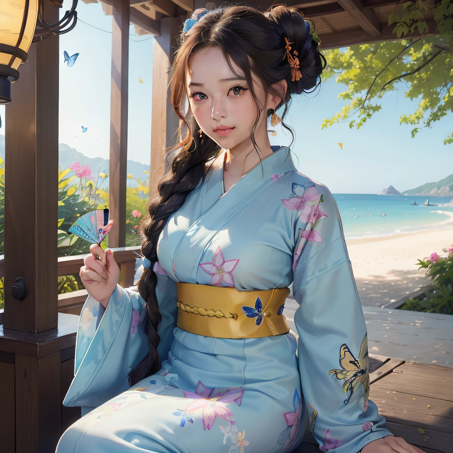 1girl with, ((masterpiece、top-quality、ultra-definition、hight resolution))、4K picture quality、((Beautuful Women))、22year old、wetted skin、radiant eyes、perfect eyes、(Beautiful Nordic sisters)、the beach,Background crowd、((Curly hair in braids、Bun1))、((facial close-up))、(((Wearing a bell sleeve yukata)))、((Yukata patterns range from fancy floral patterns to swallowtail butterflies..))、((Use primary colors for yukata colors))、((Wearing a fan))、Thin laughter with mouth closed、Looking at this、masterpiece、top-quality、ultra-definition、hight resolution))、4K picture quality、