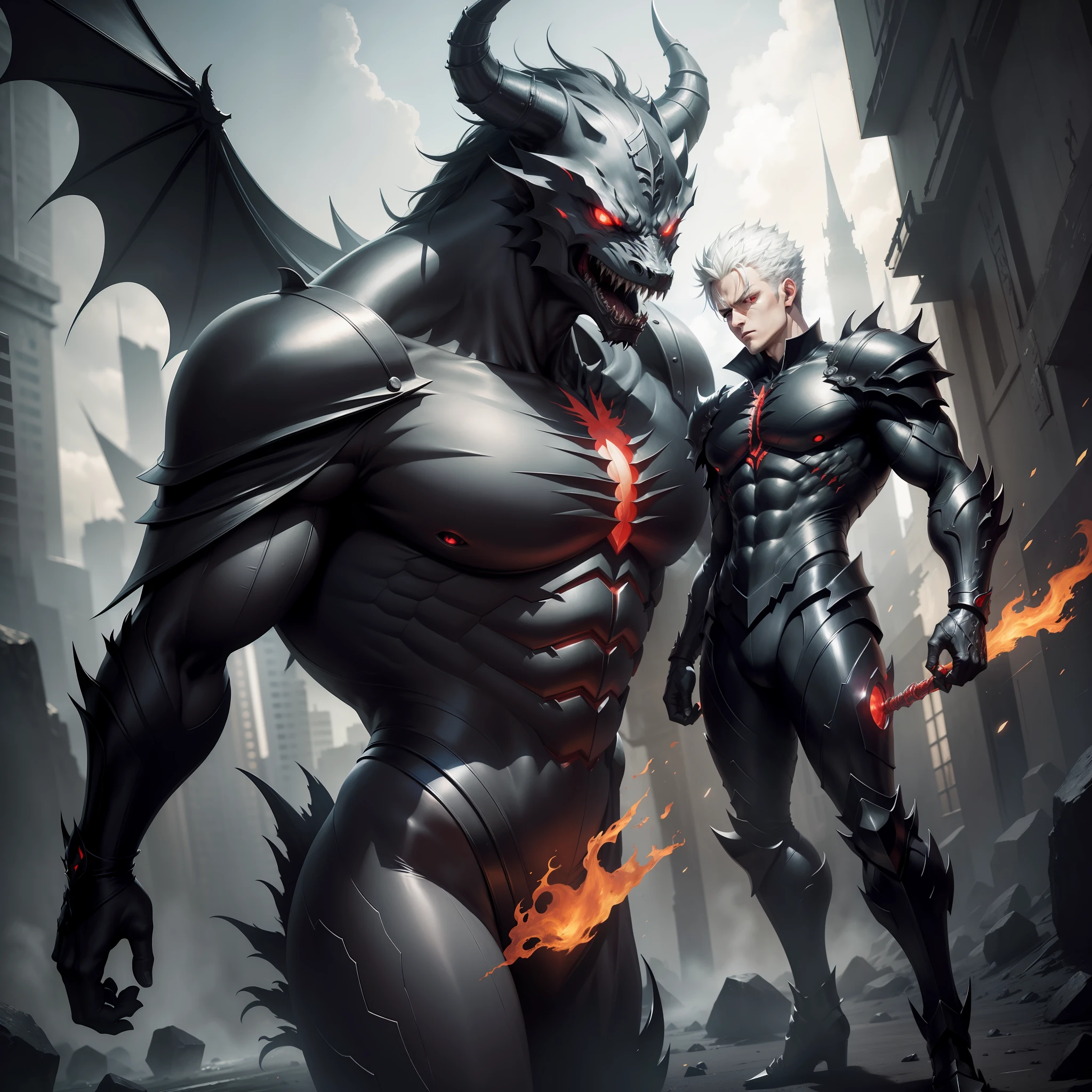The best quality, masterpiece, high resolution. full-body scene of Garou demonization, One Punch Man manga, with red eyes, Dark Lord, with red glowing eyes, darksiders style, darksiders art style, black flame reflective armor, with brilliant red eyes, crazy guts, sharp red eyes, armor inspired by the demon dragon, Black Ancalagon. 8K high resolution.
