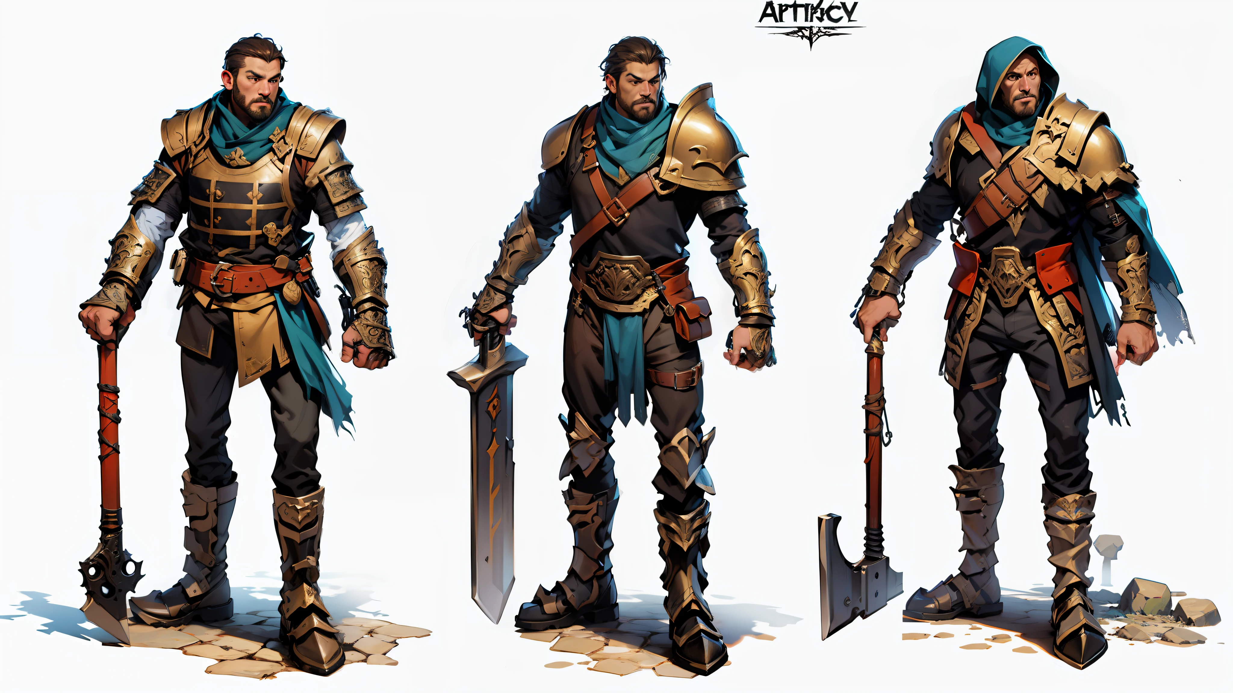 best quality, masterpiece, highly detailed, colored concept art sheet of three characters with weapons and leather and metal armor in a fantasy world, character concept art, warm colors, ultra sharp, realistic rendering, detailed full body, ultra detailed, 8k, trending on artstation, ultra realistic and sharp detail and intricate, intricate details, and style, simple background illustration, white flat background