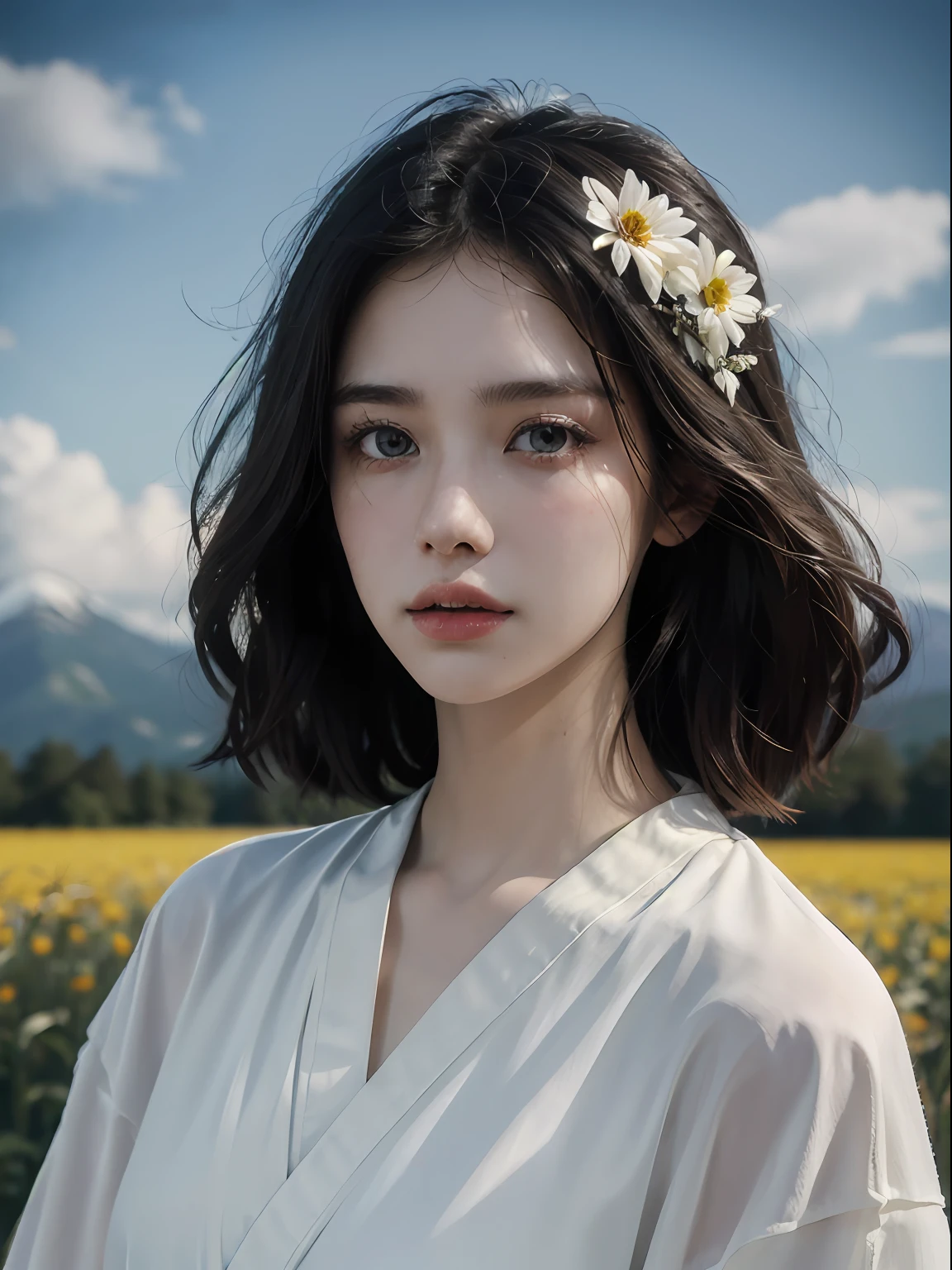 ((Pure beauty:0.8+ultra-realistic realism:1.2),White skin texture:1.2,eyes with brightness:1.1),lightand shade contrast:1.1,high textured:1.1,Picture quality:Ultra HD:1.3,one-girl,The upper part of the body,tall nose bridge,1girll,dynamic angle,Clouds and mountains,Flower field in the foreground,Hanfu,Light tracing,Floating colorful wind,
realisticlying,offcial art,Unity 8k壁纸,ultra - detailed,Beautiful and beautiful,tmasterpiece,best qualityer,Glowing skin,cinmatic lighting。
