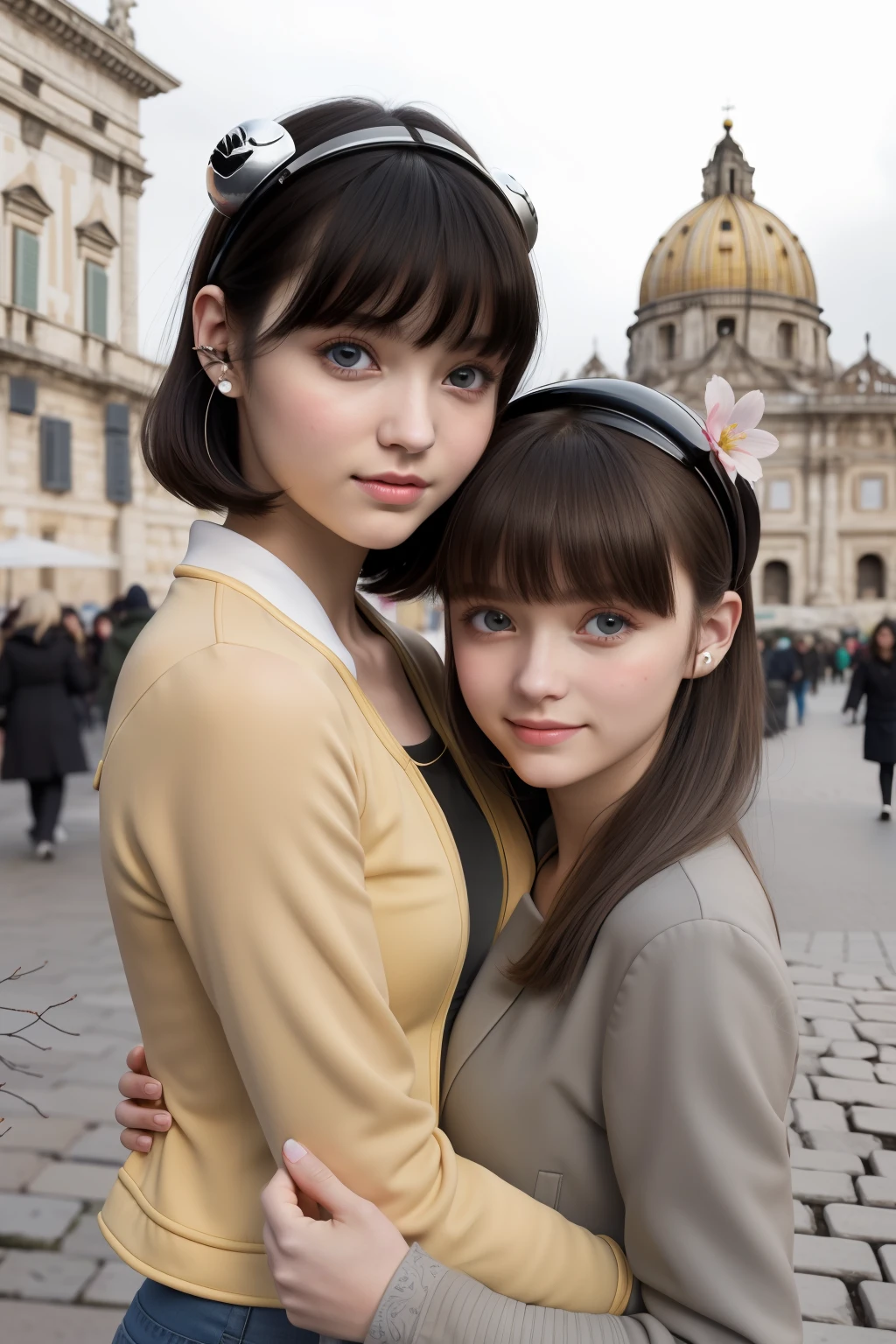 (Masterpiece),(Best quality),(Ultra-detailed), (full bodyesbian:1.2),
2girls,duo,In Castel Sant'Angelo in Rome,navel,winter,Snow,crowd,Cute, Smile, Open mouth,
flower, Outdoors,Jacket, Blush,shirt, Short hair, Cherry blossoms, green headwear, Blurry, Brown hair, Blush stickers, Long sleeves, bangs, Earphone, Black hair,
(Beautiful detailed face), (Beautiful detailed eyes),