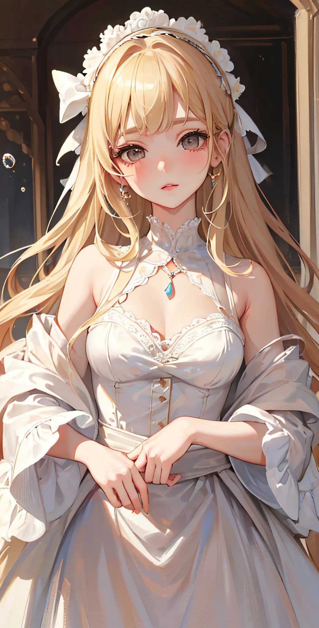 ((Masterpiece)), high quality, super detailed, blonde hair + white clothing: 1.2, sweet and delicate girl, bjd, lolita, delicate facial features, perfect figure, face with pearl decoration, surrounding bubbles, bright bright colors, romantic long hair, natural light, warm and sweet, brown eyes, gorgeous hair decoration.