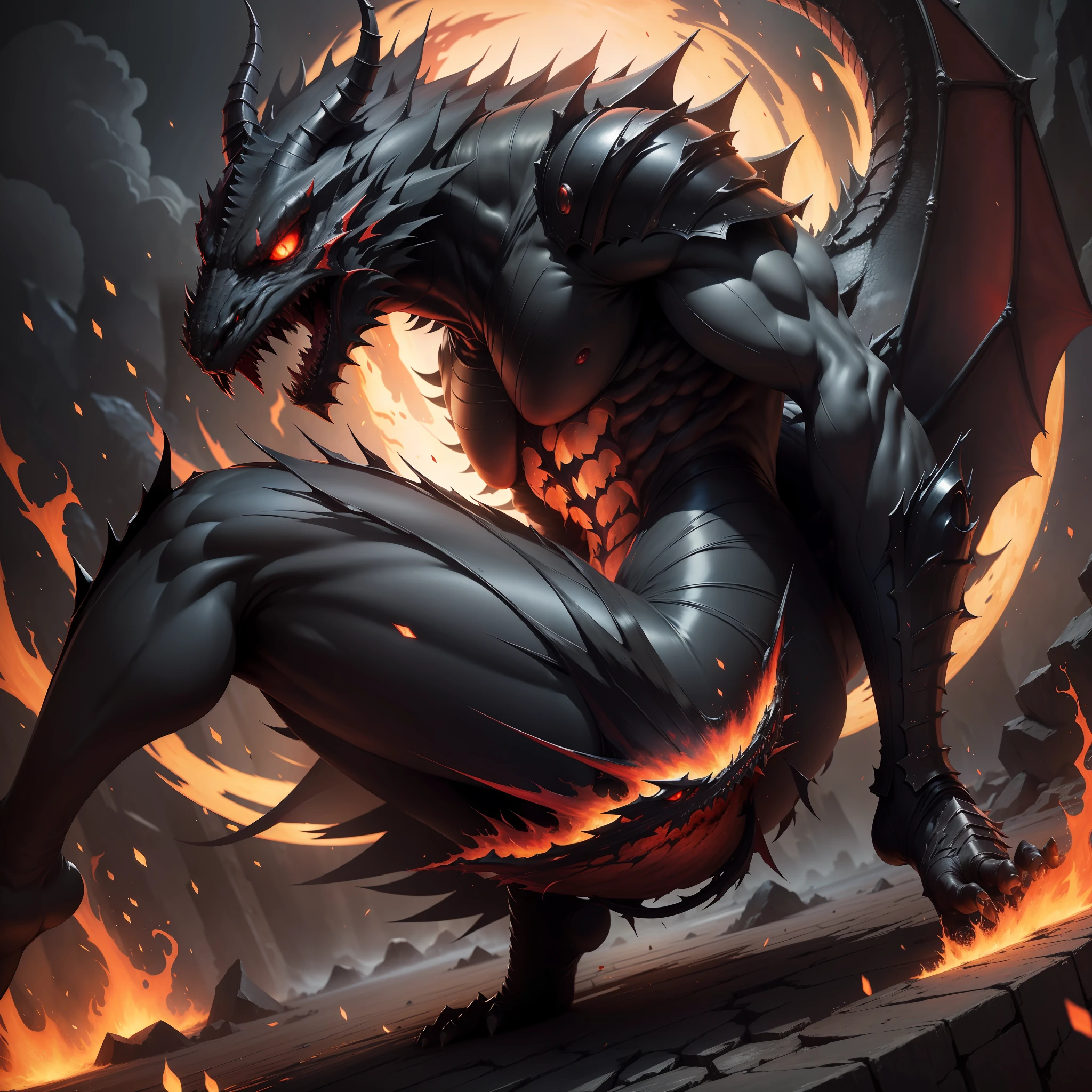 The best quality, masterpiece, high resolution. full-body scene of Garou demonization, One Punch Man manga, with red eyes, Dark Lord, with red glowing eyes, darksiders style, darksiders art style, black flame reflective armor, with brilliant red eyes, crazy guts, sharp red eyes, armor inspired by the demon dragon, Black Ancalagon. 8K high resolution.