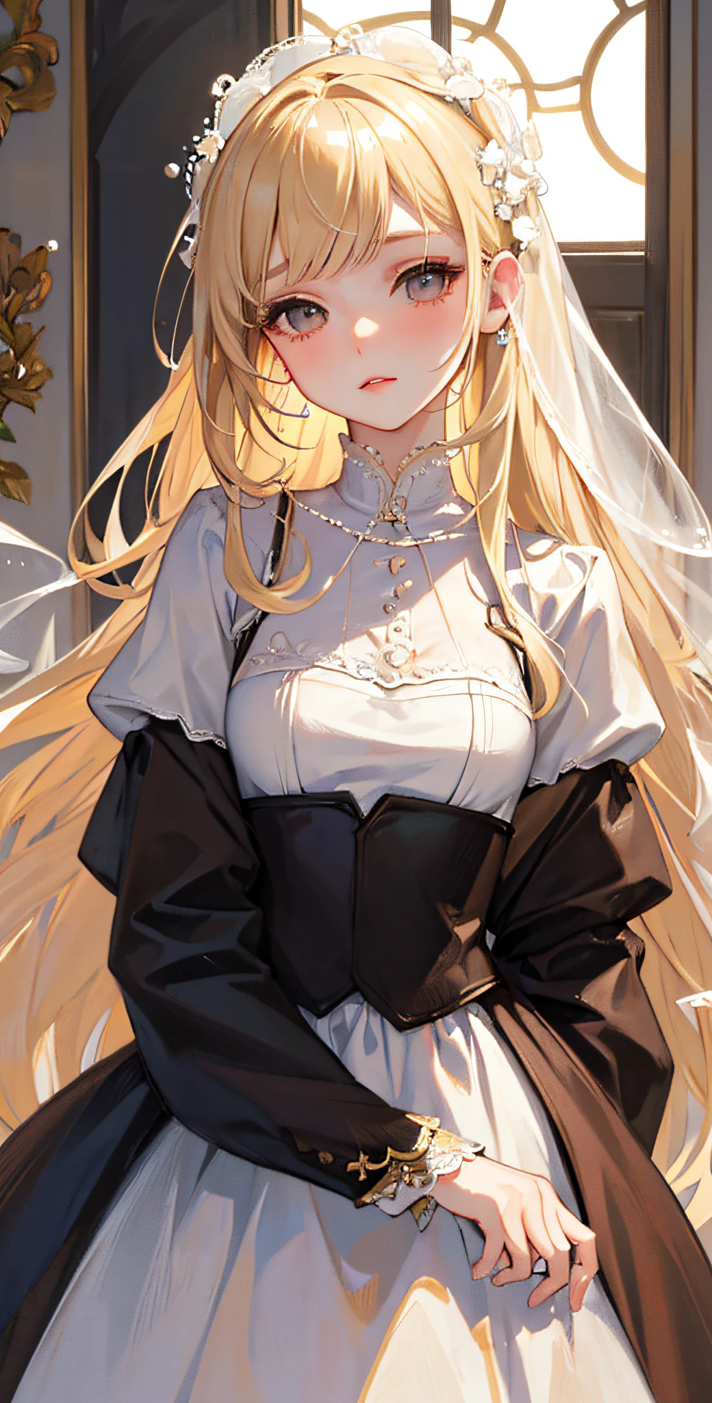 ((Masterpiece)), high quality, super detailed, blonde hair + white clothing: 1.2, sweet and delicate girl, bjd, lolita, delicate facial features, perfect figure, face with pearl decoration, surrounding bubbles, bright bright colors, romantic long hair, natural light, warm and sweet, brown eyes, gorgeous hair decoration.