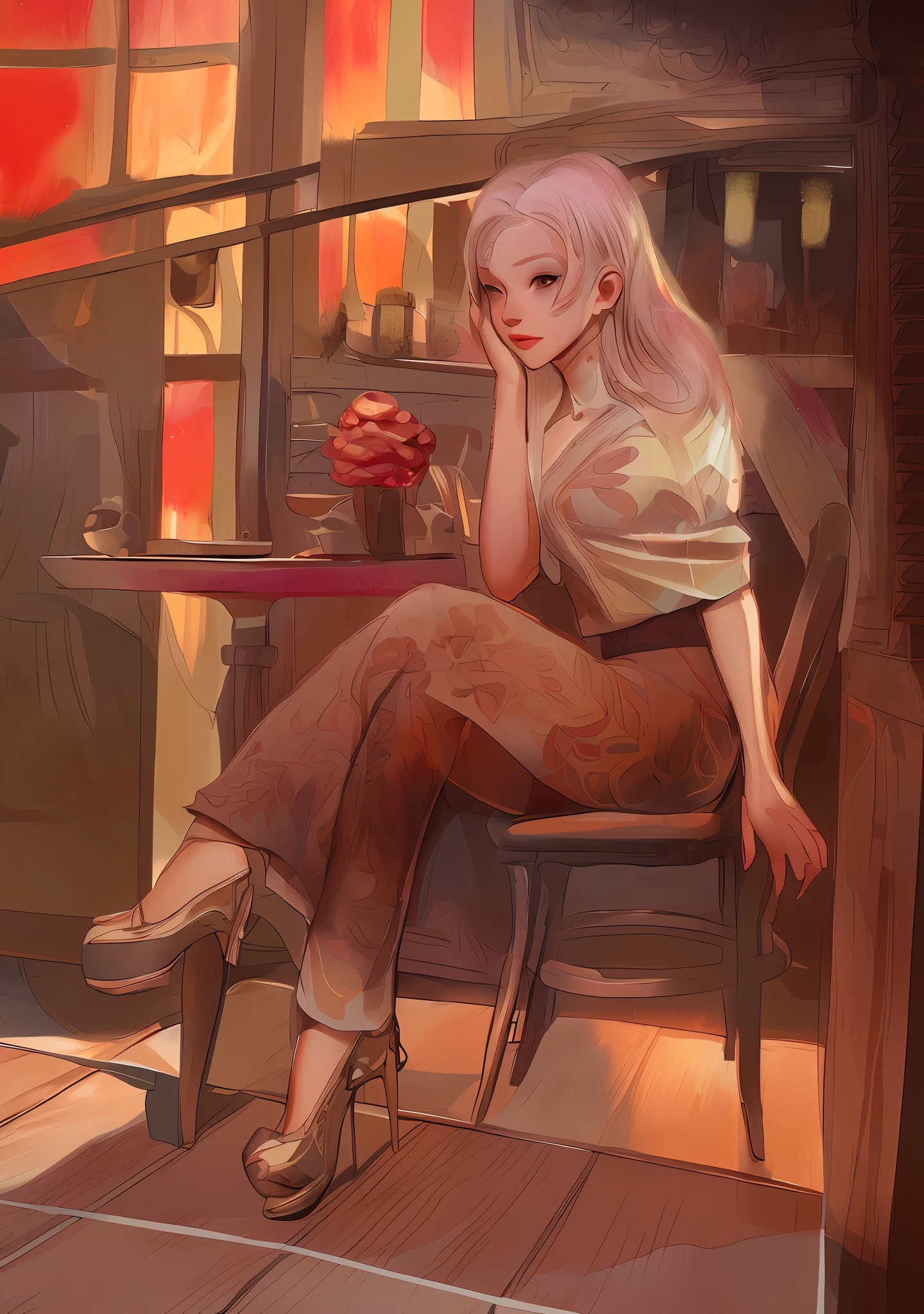 painting of a woman sitting in a chair in a cafe, in style of digital illustration, in style of digital painting, digital art of an elegant, style digital painting, stylized digital illustration, in the art style of bowater, style in digital painting, drawn with photoshop, digital illustration -, mysterious coffee shop girl, urban girl fanart, a beautiful artwork illustration,, beautiful line art, detailed manga style, extremely fine ink lineart,exquisite line art, perfect lineart,exquisite line art, exquisite digital illustration, detailed digital drawing,digital anime illustration, a beautiful artwork illustration, detailed matte fantasy portrait, beautiful line art, great digital art with details, goddess. extremely high detail, 4k detailed digital art, stunning digital illustration, digital fantasy illustration,((Best quality)), ((masterpiece)), (detailed:1.4), 3D, an image of a beautiful female,HDR (High Dynamic Range),Ray Tracing,NVIDIA RTX,Super-Resolution,Unreal 5,Subsurface scattering,PBR Texturing,Post-processing,Anisotropic Filtering,Depth-of-field,Maximum clarity and sharpness,Multi-layered textures,Albedo and Specular maps,Surface shading,Accurate simulation of light-material interaction,Perfect proportions,Octane Render, Two-tone lighting,Wide aperture,Low ISO,White balance,Rule of thirds,8K RAW,subsurface scattering, best ratio of four fingers and one thumb,
