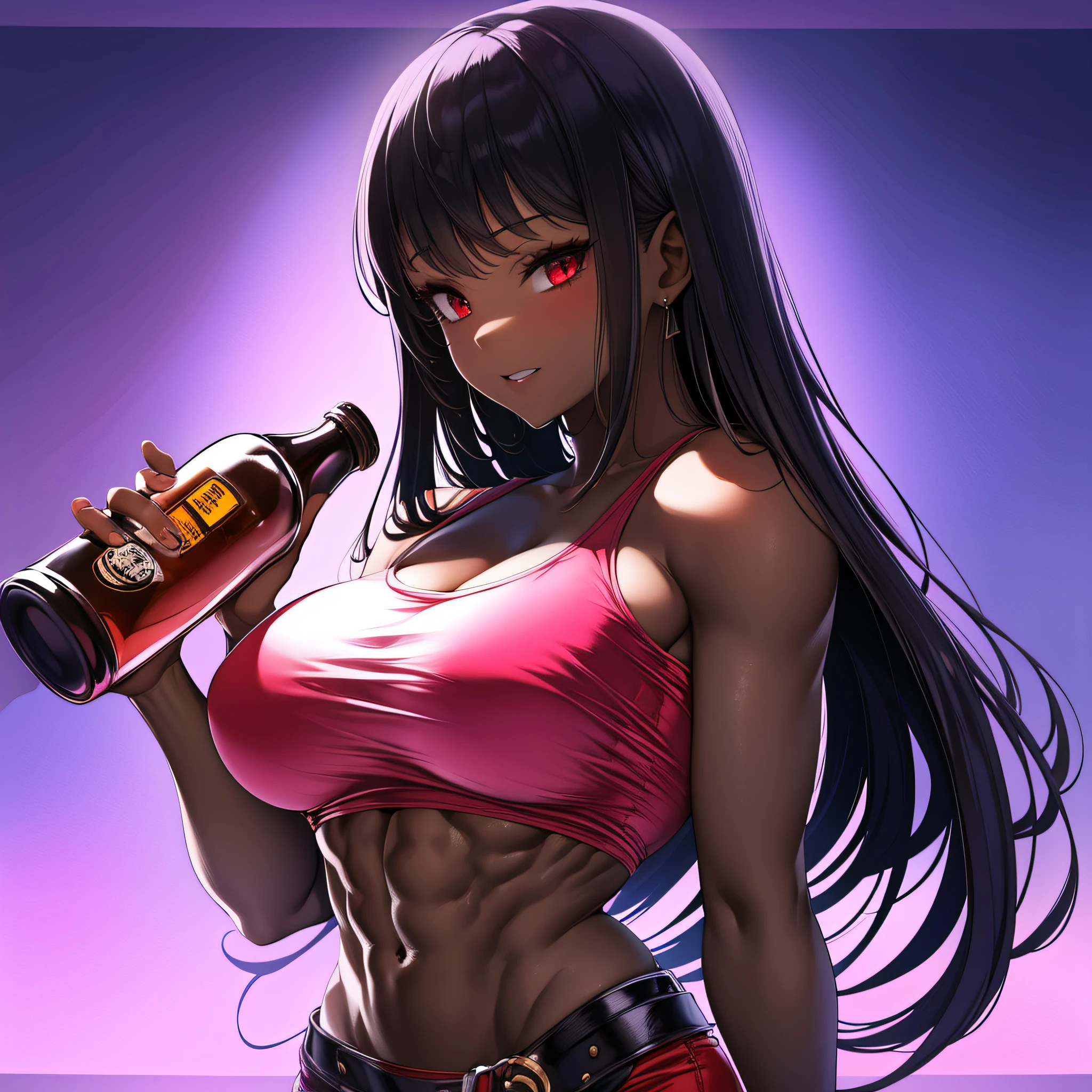 the bulletbillzette , and a girl with dark skin, athletic body, huge breasts, long black hair, straight bangs, crimson red eyes, wears a short tank top, showing off her abs, holding a bottle of water, with the other hand on her waist , standing, 1 girl, perfect anatomy, pretty face, perfect hands, no extra arms or legs, 4k resolution, simple background.