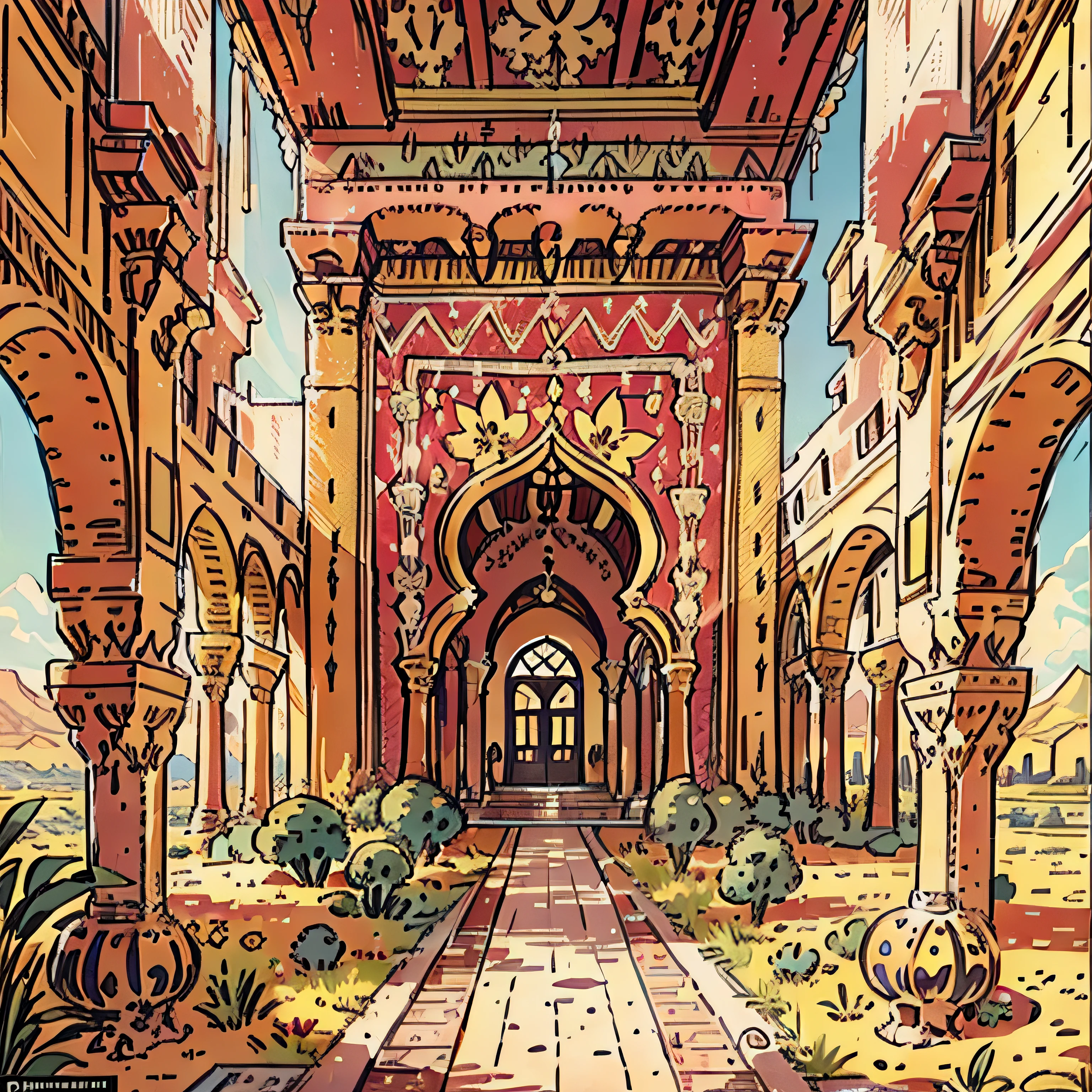 A magnificent Arabian palace in the middle of a desert on a sunny day, exquisitely detailed with opulent local architecture.