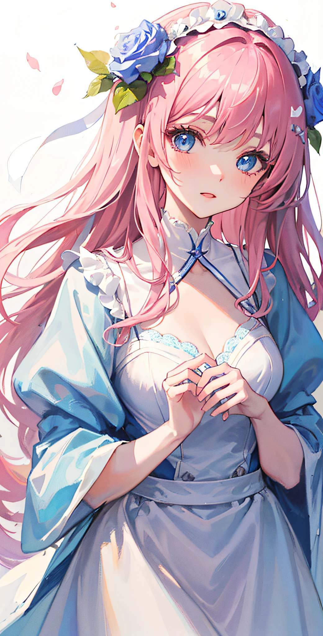 ((Masterpiece)), high quality, super detailed, pink hair + white clothing: 1.2, sweet and delicate girl, delicate facial features, perfect figure, surrounded by roses, bright bright colors, pearl white background, romantic long hair, natural light, warm and sweet, blue eyes, flower hair decoration.