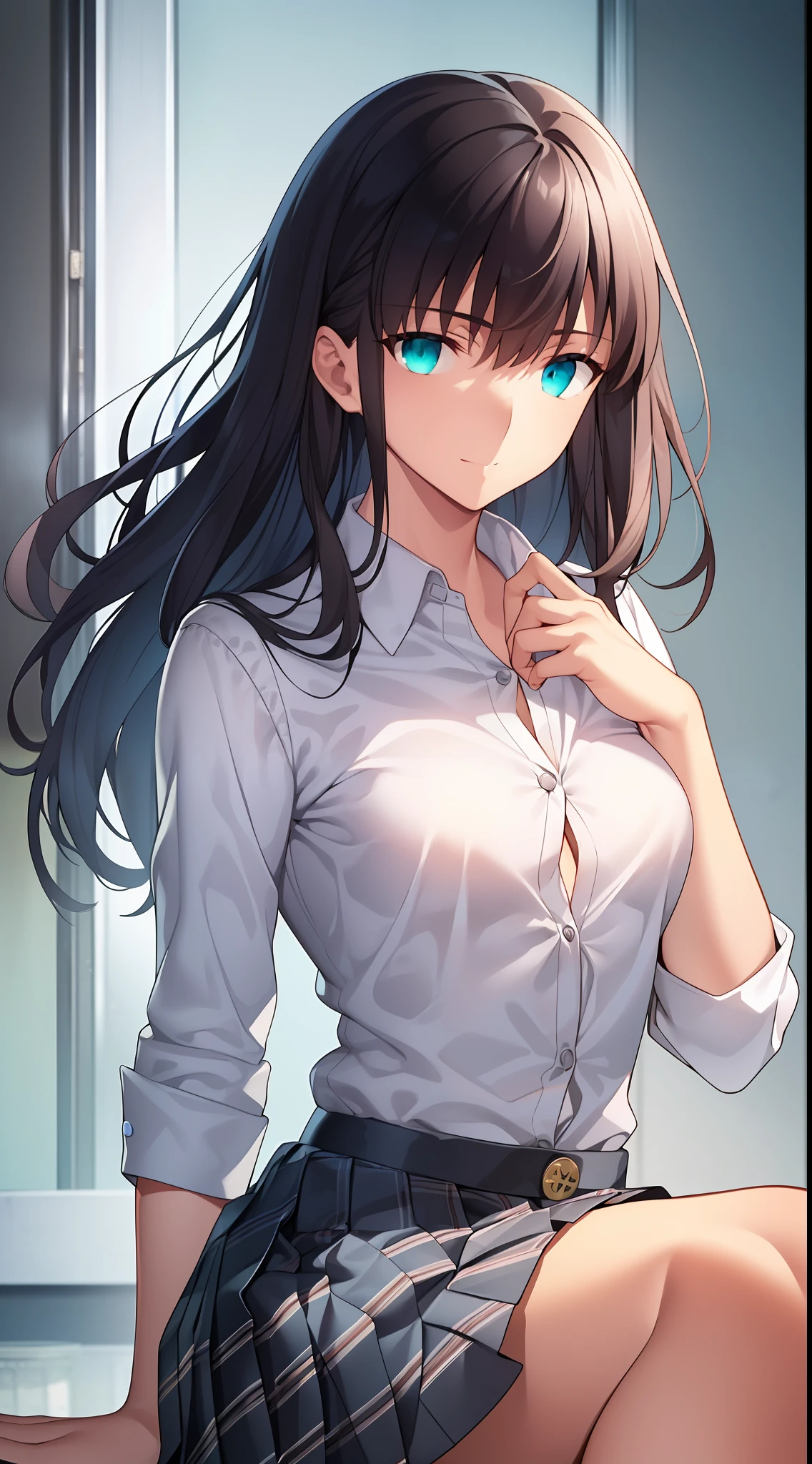{{beautiful}}, amazing, (best quality:1.5), (masterpiece:1.5), extremely delicate and beautiful, intricate details, finely detailed, extremely detailed, beautifully detailed, ultra-detailed, (hyperdetailed:1.5), high resolution, (illustration), watercolor pencil, Clear line drawing, (ufotable style:1.1), (ufotable screen cap:1.1), anime coloring, anime screencap, (latest picture), backlighting, dynamic angle, glow, depth of field, {{body satisfaction}}, (body with a good balance of style:1.5), (slender figure:1.5), perfect body, perfect hands, perfect feet, (two arms:1.2), (two legs:1.2), (five fingers each:1.2), (perfect joint:1.2), perfect joint movement, beautiful detailed eyes, (detailed eyes:1.5), finely detailed eyes, perfect ???????, full dissection, perfect composition, correct limbs, balance and coordination in all things, realistic:0.5, precise fingers and hands, (finely drawn hair:1.5), {{cool girl}}, (black hair:1.3), (semi-long hair:1.3), (straight hair:1.3), bangs, (cyan eyes:1.3), (medium breasts:1.3), (small-sized buttocks:1.3), {{1girl}}, (solo:1.2), looking at the viewer, smile, {{sitting}}, {{school uniform}}, (white collared shirt:1.5), white shirt, breast tent, (checkered pleated skirt:1.5), checked skirt, pleated skirt, (unbutton one's first button:1.5),