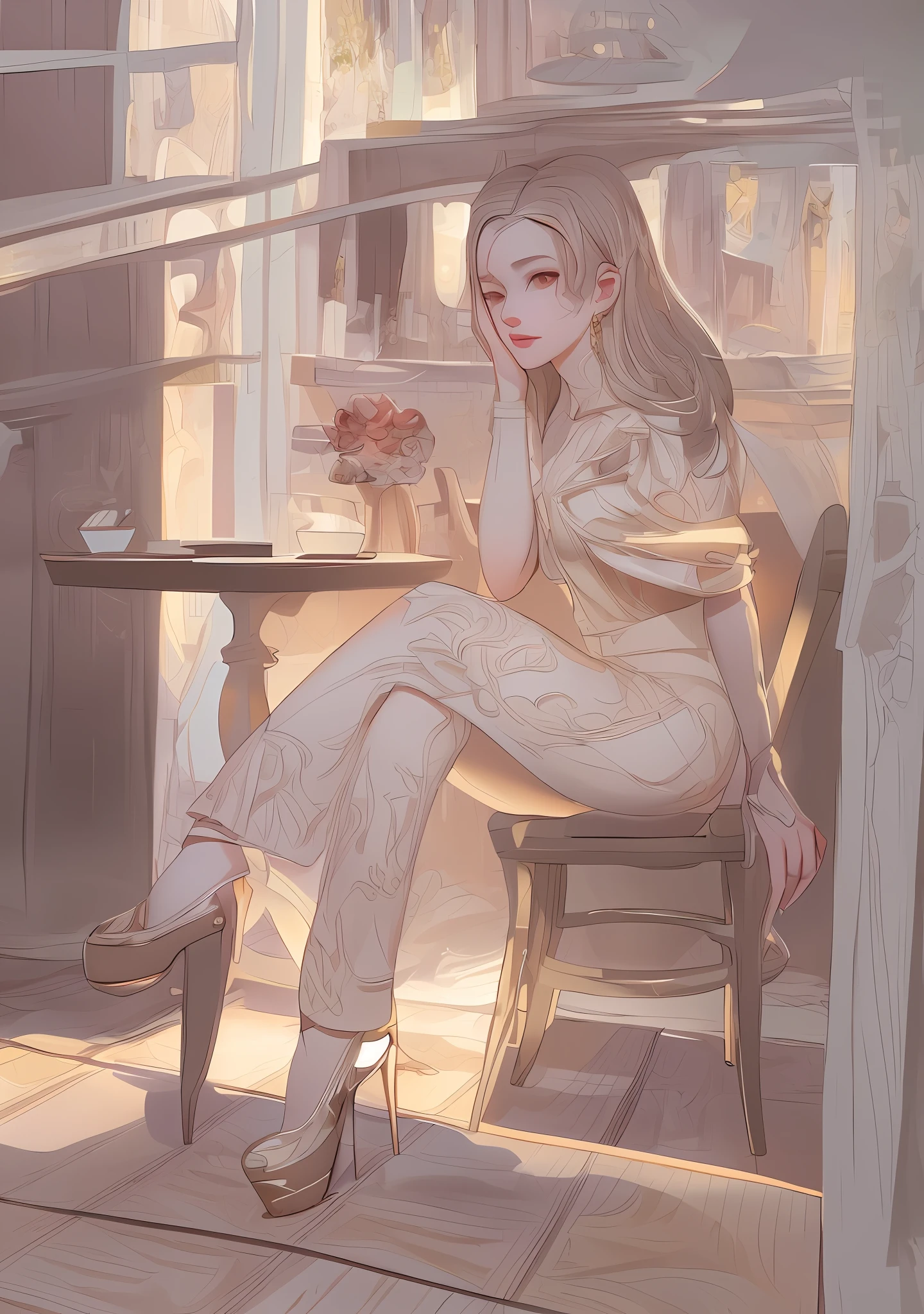 painting of a woman sitting in a chair in a cafe, in style of digital illustration, in style of digital painting, digital art of an elegant, style digital painting, stylized digital illustration, in the art style of bowater, style in digital painting, drawn with photoshop, digital illustration -, mysterious coffee shop girl, urban girl fanart, a beautiful artwork illustration,, beautiful line art, detailed manga style, extremely fine ink lineart,exquisite line art, perfect lineart,exquisite line art, exquisite digital illustration, detailed digital drawing,digital anime illustration, a beautiful artwork illustration, detailed matte fantasy portrait, beautiful line art, great digital art with details, goddess. extremely high detail, 4k detailed digital art, stunning digital illustration, digital fantasy illustration,((Best quality)), ((masterpiece)), (detailed:1.4), 3D, an image of a beautiful female,HDR (High Dynamic Range),Ray Tracing,NVIDIA RTX,Super-Resolution,Unreal 5,Subsurface scattering,PBR Texturing,Post-processing,Anisotropic Filtering,Depth-of-field,Maximum clarity and sharpness,Multi-layered textures,Albedo and Specular maps,Surface shading,Accurate simulation of light-material interaction,Perfect proportions,Octane Render, Two-tone lighting,Wide aperture,Low ISO,White balance,Rule of thirds,8K RAW,subsurface scattering, best ratio of four fingers and one thumb,